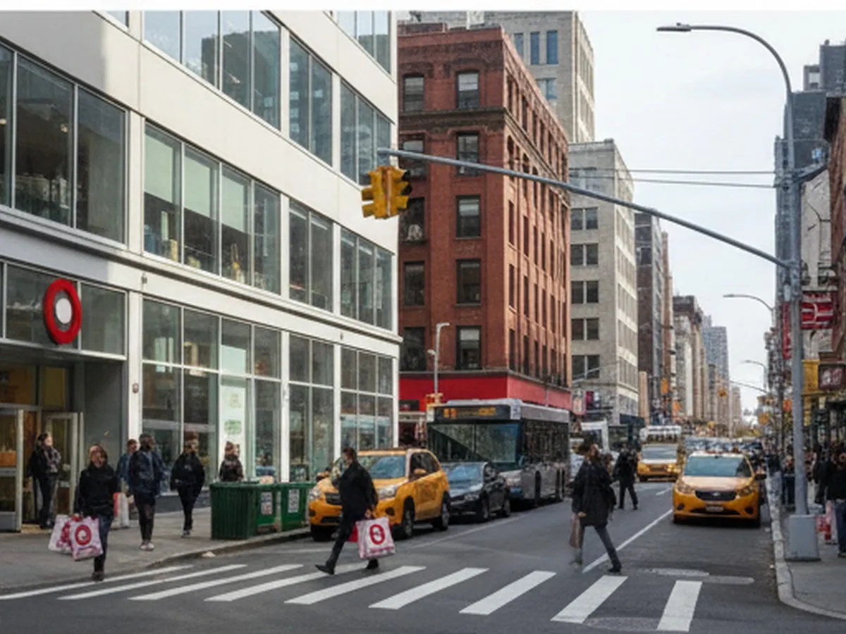A bright, photorealistic daytime street scene outside a Manhattan Target entrance, with pedestrians carrying shopping bags, taxis at the curb, and a busy urban corner framed by brick buildings and traffic lights.