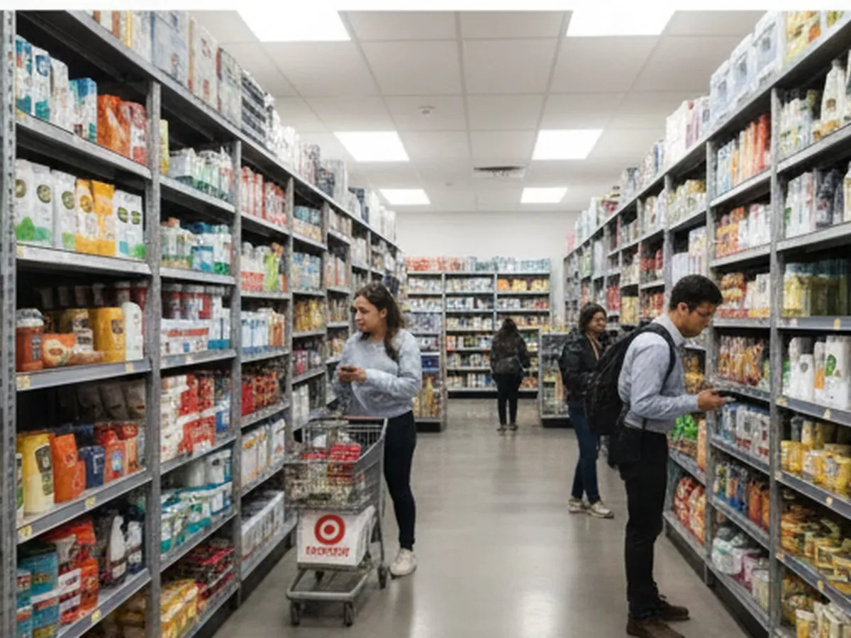 Inside a compact NYC Target store with tall shelves, narrow aisles, shoppers comparing household items, and a mix of groceries, toiletries, and dorm-sized goods under clean retail lighting.