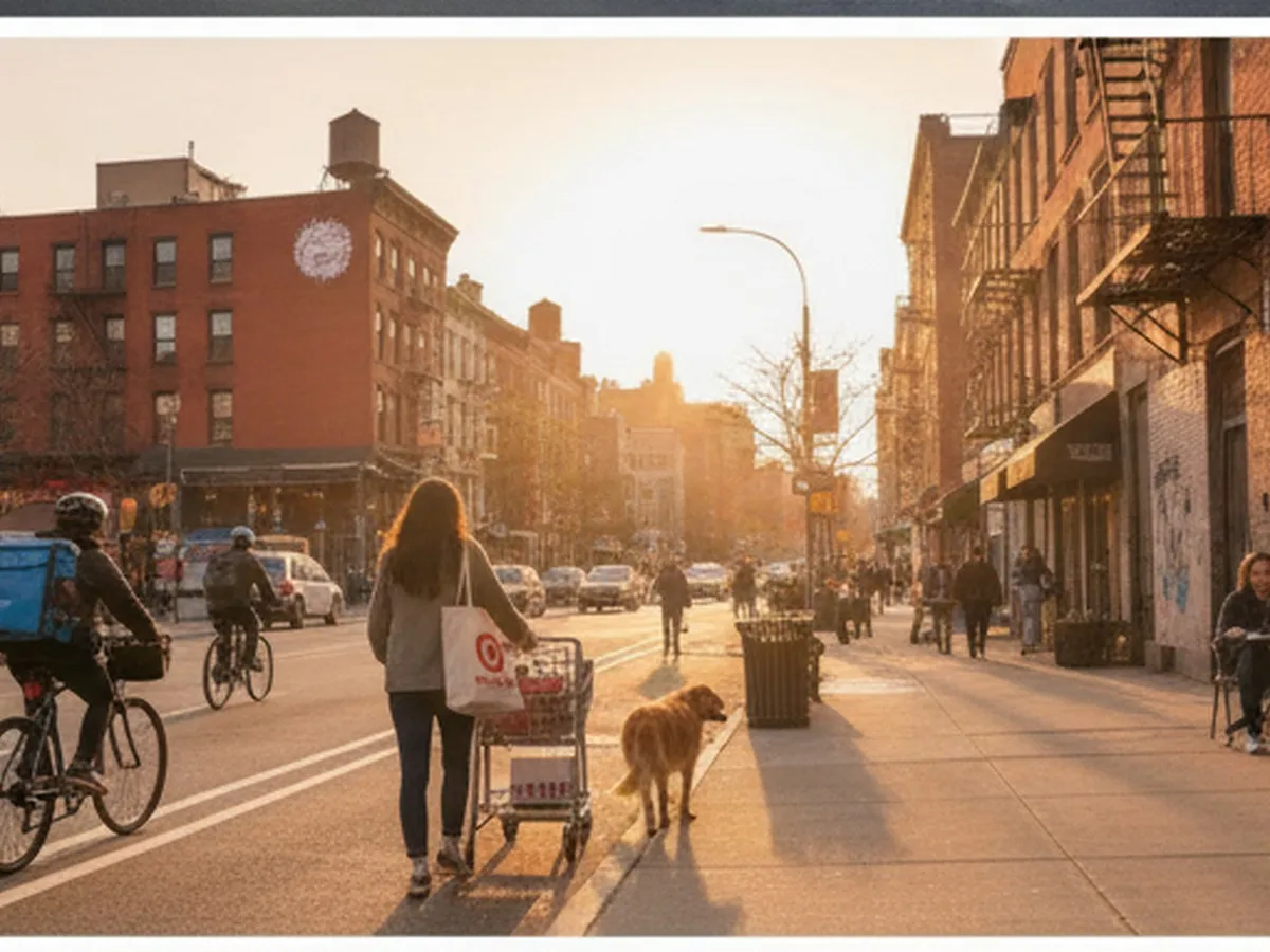 A Brooklyn sidewalk near a Target location at golden hour, showing a shopper rolling a cart toward the entrance while cyclists, delivery bikes, and apartment buildings create a distinctly city shopping atmosphere.
