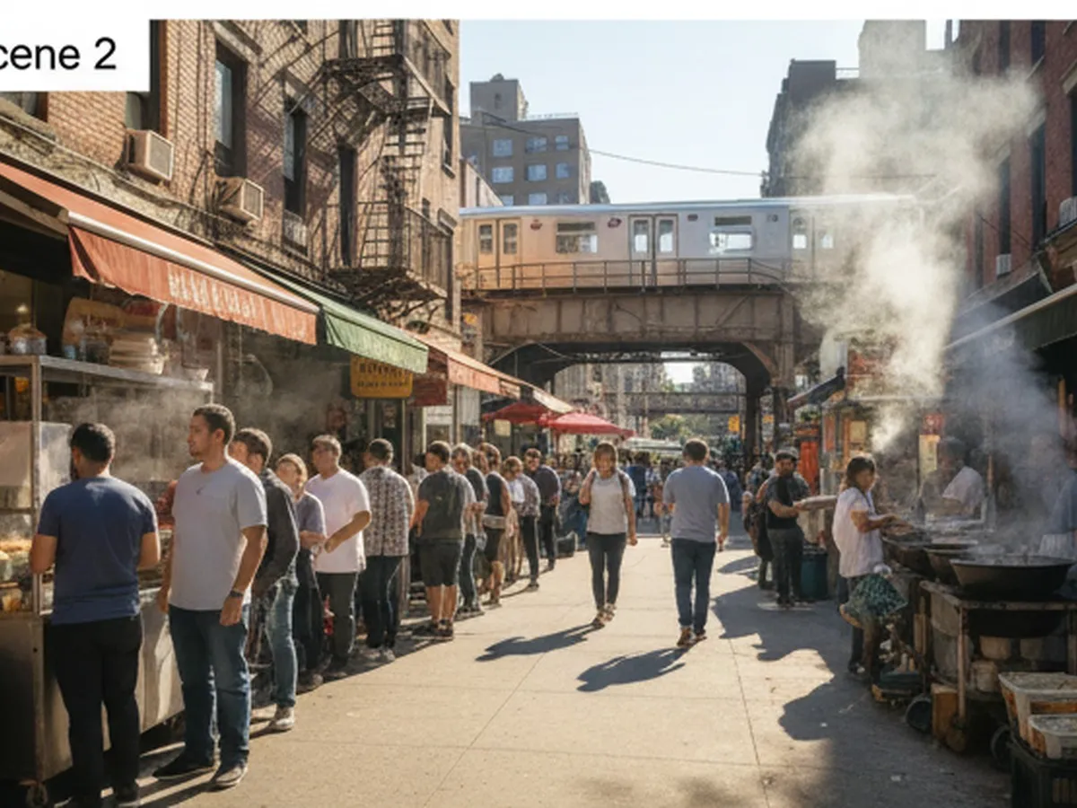 Inline one: Daytime view of a busy Queens food street lined with small family-run eateries, steam rising from sidewalk food vendors, diverse locals and young adults queuing at an outdoor dumpling shop, elevated train tracks visible above, photorealistic editorial style.