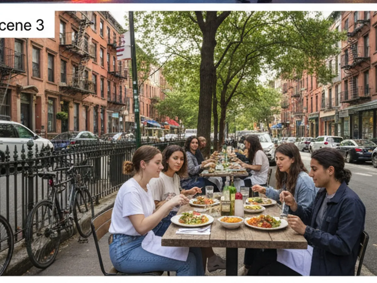 Inline two: Weekend afternoon in Brooklyn with friends gathered around outdoor tables at a casual restaurant near a tree-lined block, plates of mixed cuisines on the table, bicycles locked nearby, brownstone buildings and parked cars framing the scene, photorealistic editorial style.