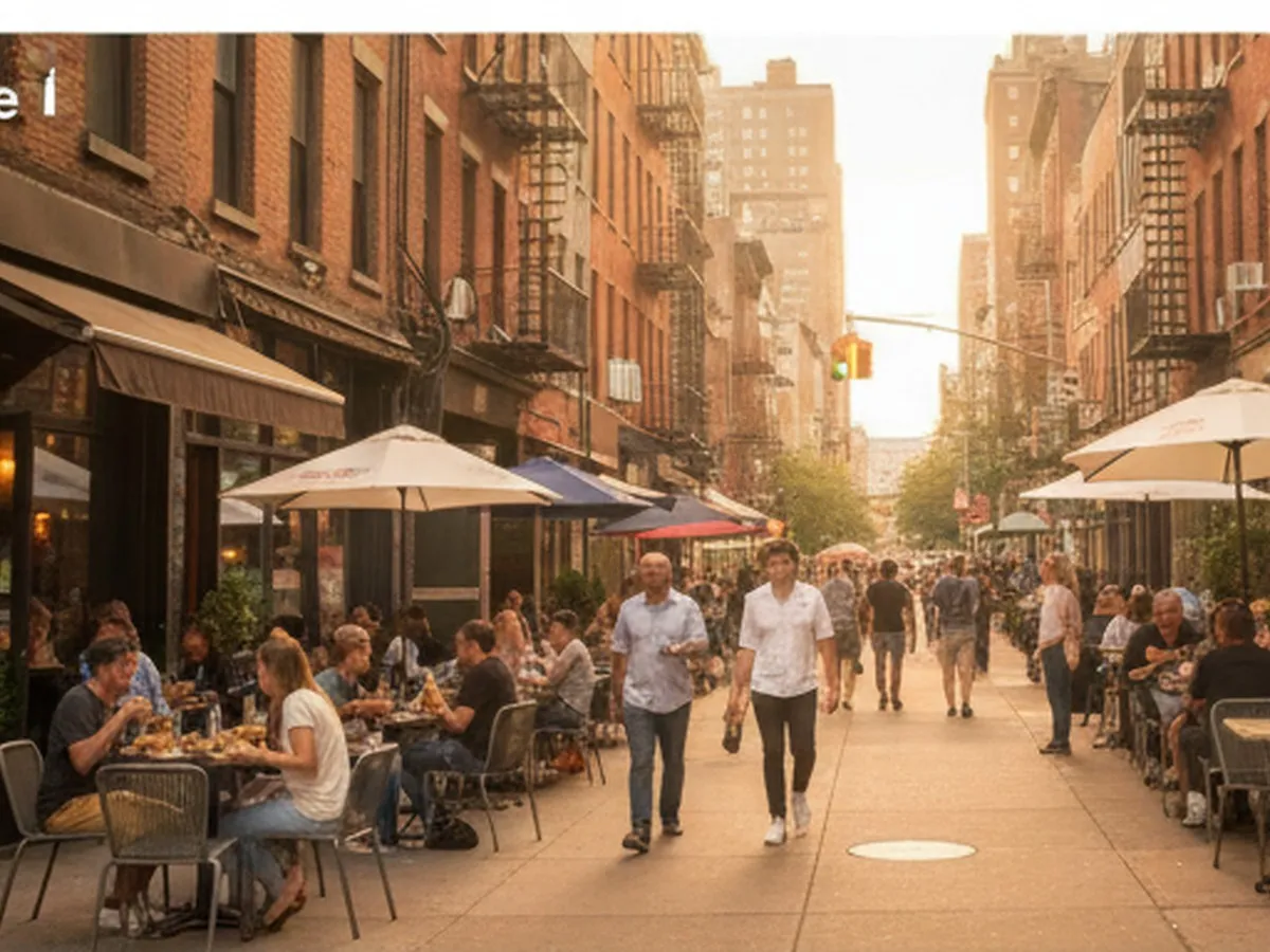 Golden hour street-level view of a busy NYC avenue lined with restaurants, people dining at sidewalk tables, soft bokeh of traffic lights and pedestrians, warm summer lighting, photorealistic editorial style.