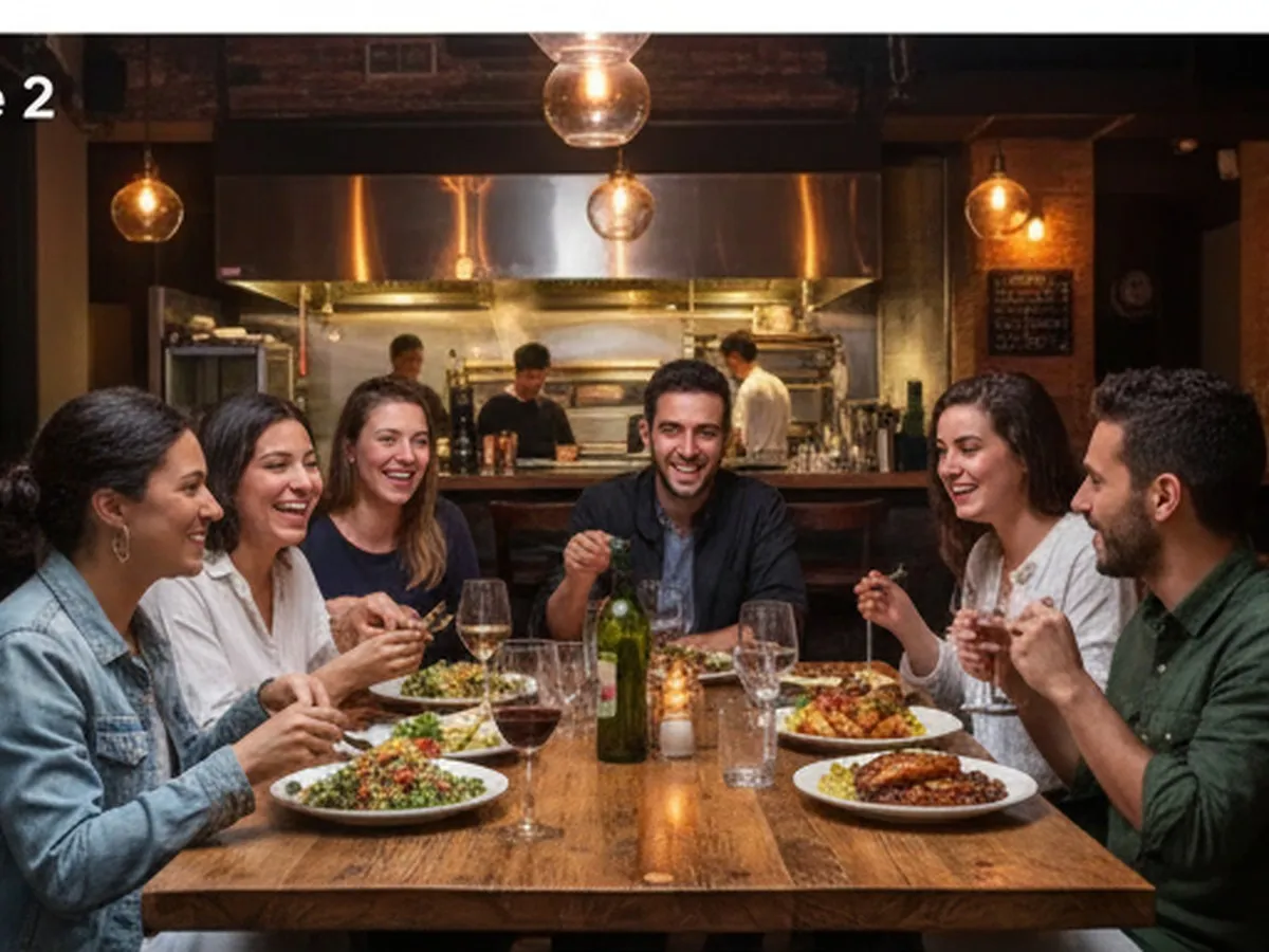 Interior shot of a cozy but modern NYC restaurant, diverse group of young adults sharing small plates at a communal table, open kitchen softly in the background, evening lighting with realistic reflections and textures.