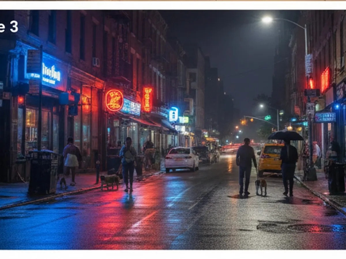 Nighttime scene of a Brooklyn block with a mix of casual eateries and bars, people walking dogs and chatting outside, realistic neon and streetlamp lighting, slightly wet pavement for reflections, photorealistic editorial style.