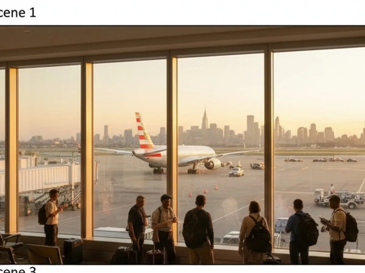 Golden-hour view of an American Airlines aircraft taxiing at JFK with the New York City skyline faintly in the distance, busy tarmac activity, and travelers visible through terminal windows, shot from inside the terminal with natural lighting.