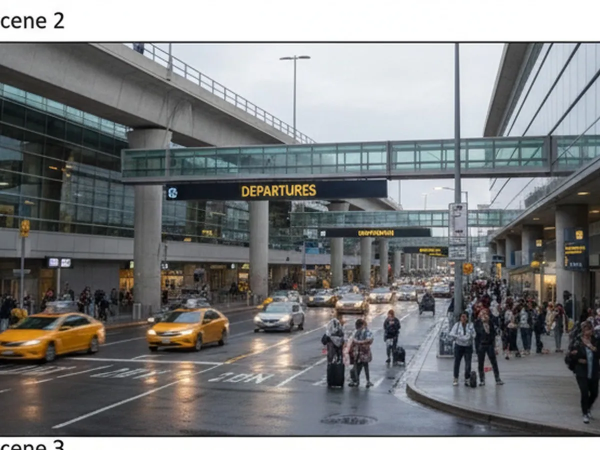 Early evening scene outside LaGuardia’s Terminal B curb, showing rideshares and yellow cabs in motion, travelers with carry-on bags, and clear signage for departures, framed to capture the feel of a busy NYC airport drop-off area.