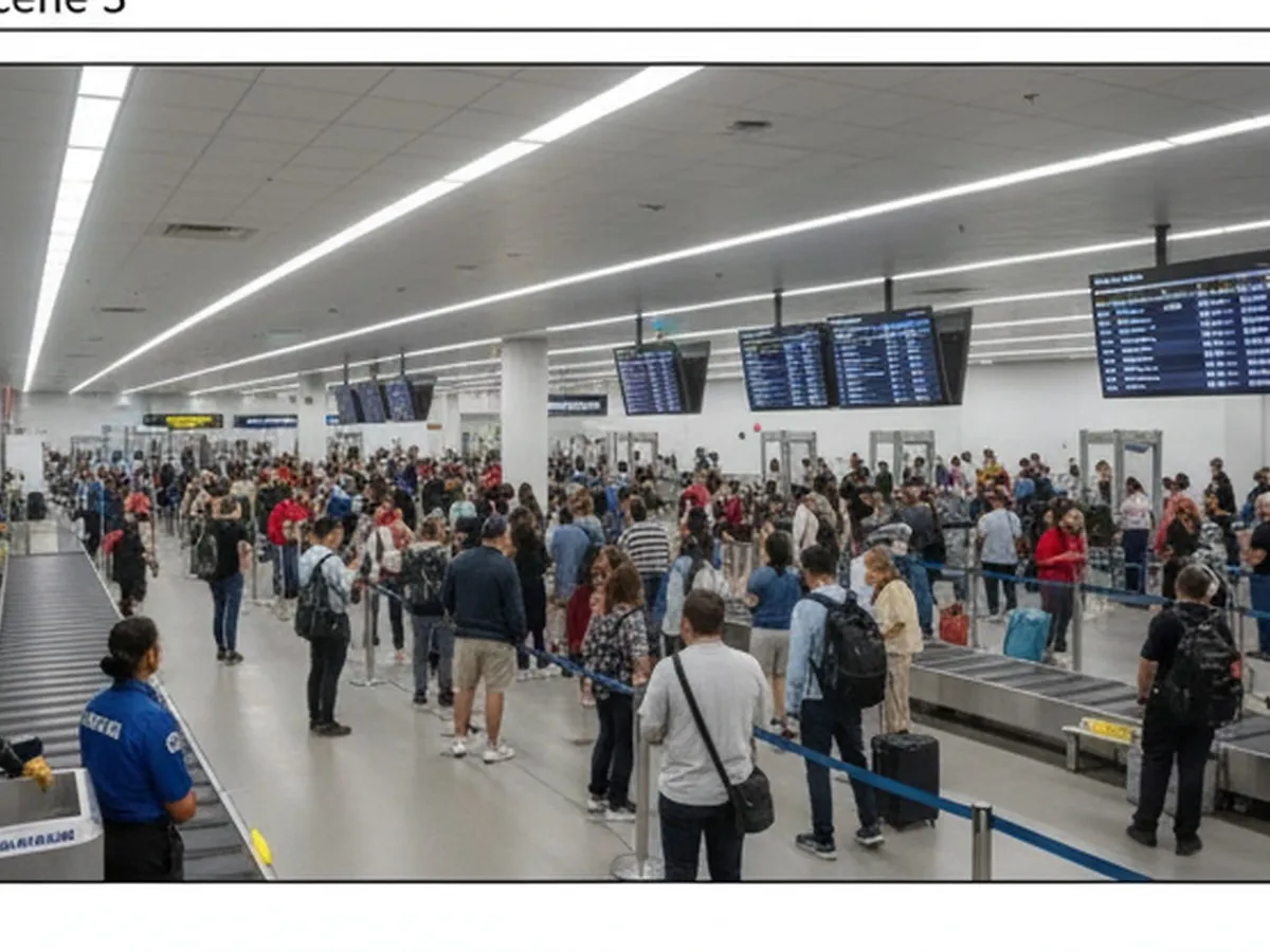 Wide interior shot of Newark Liberty’s Terminal A security area with diverse passengers queuing, TSA officers in generic uniforms, overhead flight information displays, and architectural details, lit by bright but natural-looking terminal lighting.