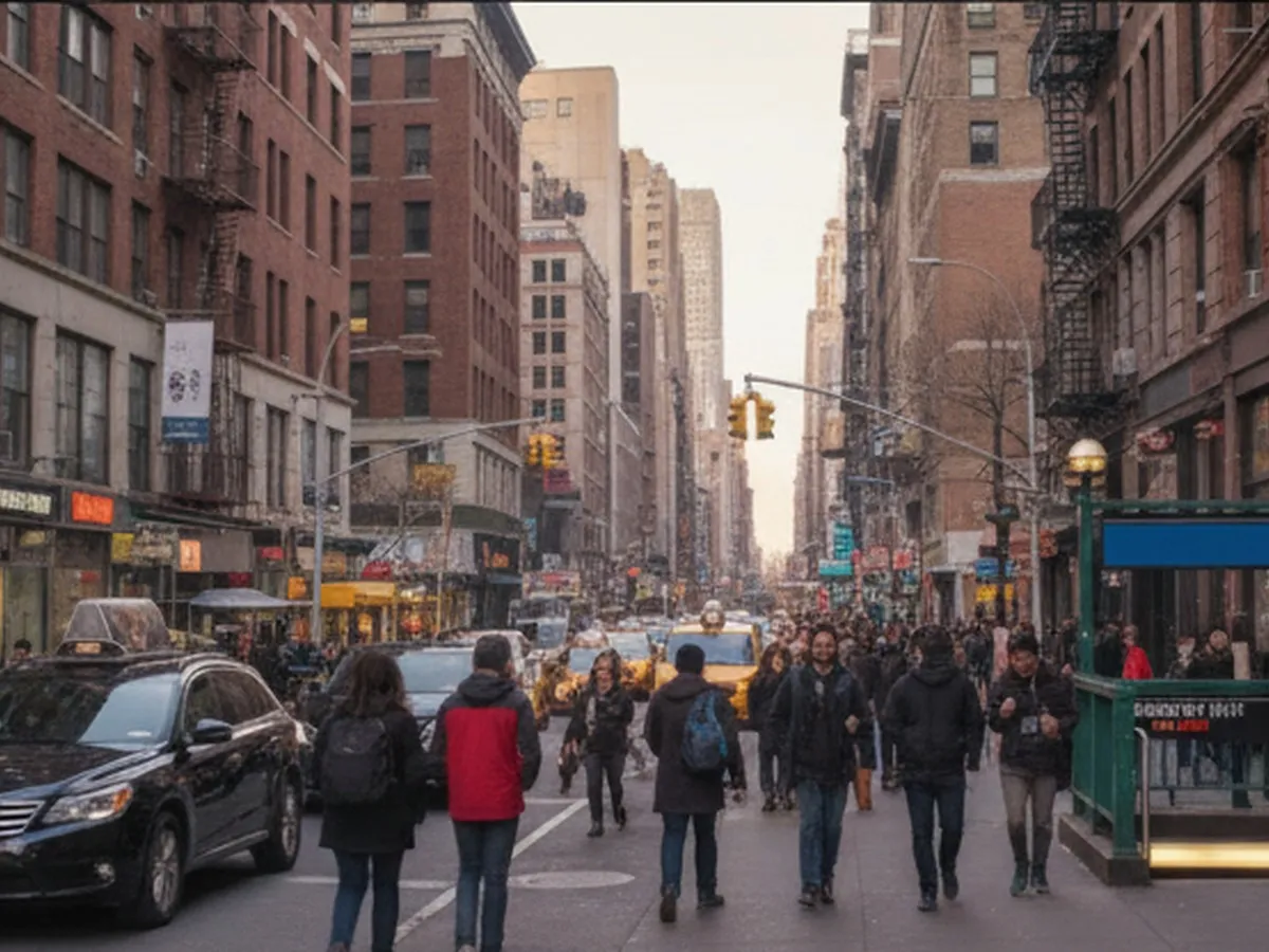 Cover image: Early evening street-level view of a busy Midtown Manhattan block with typical NYC storefronts, pedestrians in casual clothing, yellow cabs, and subway entrance signage, captured in soft natural light, no visible logos or readable brand signs.