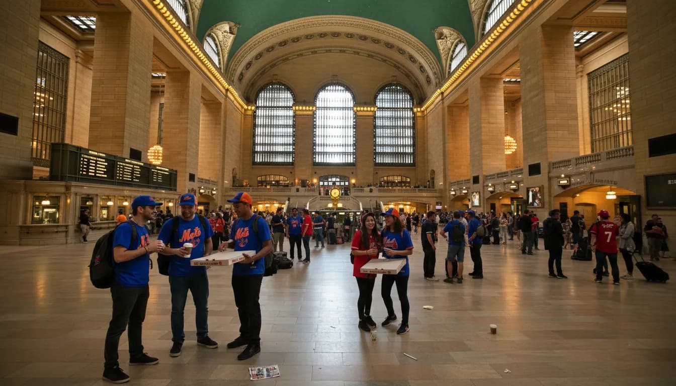 Mets vs Braves in NYC: Social Group Planning for Mixed Fandoms — photorealistic New York City editorial scene