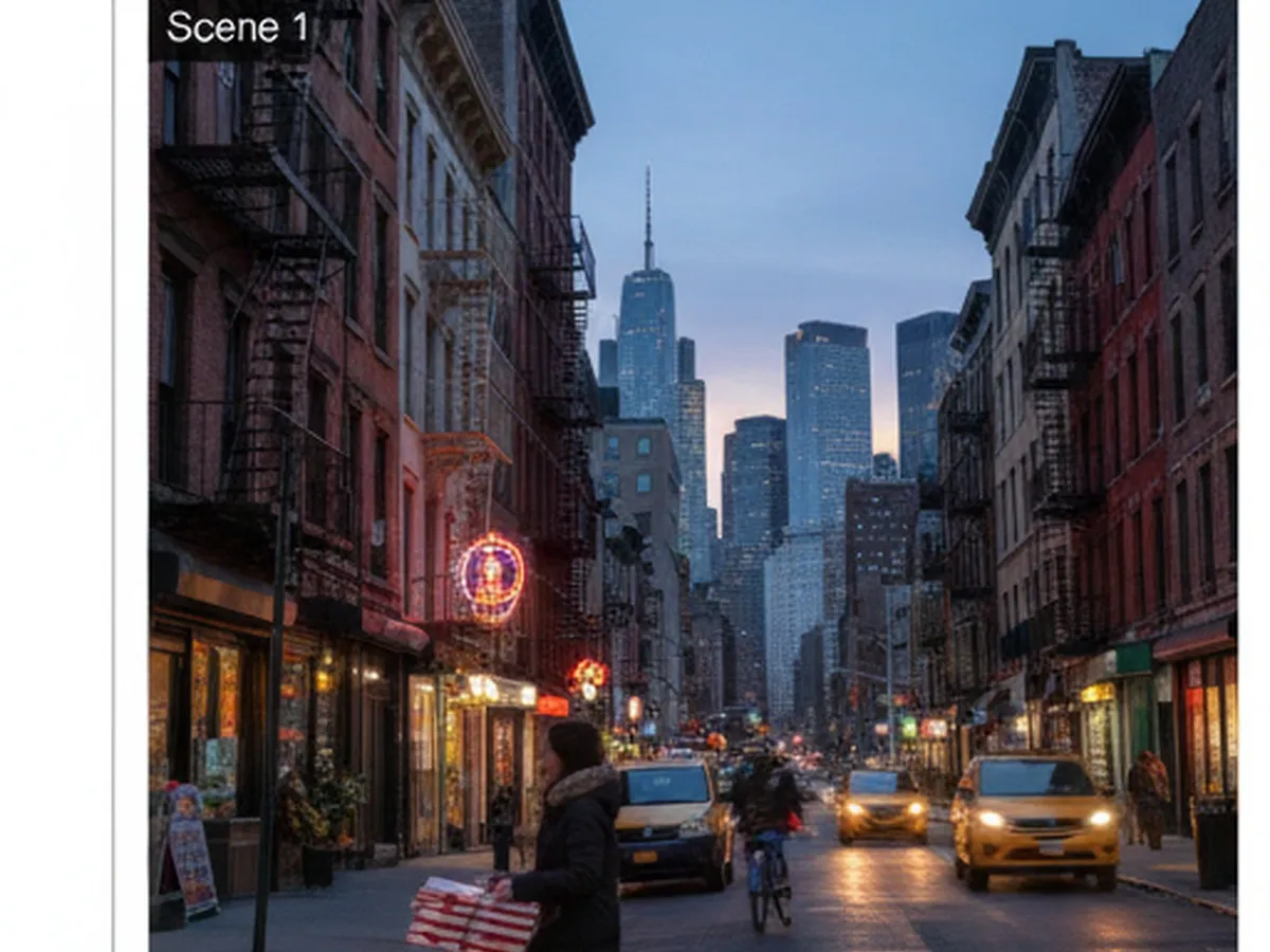 Twilight street‑level view of a busy NYC avenue with mixed brick walkups and modern glass storefronts, yellow cabs and cyclists moving past, and a pizza box being carried along the sidewalk, all lit by warm shop windows and neon, with the skyline faintly visible in the background.