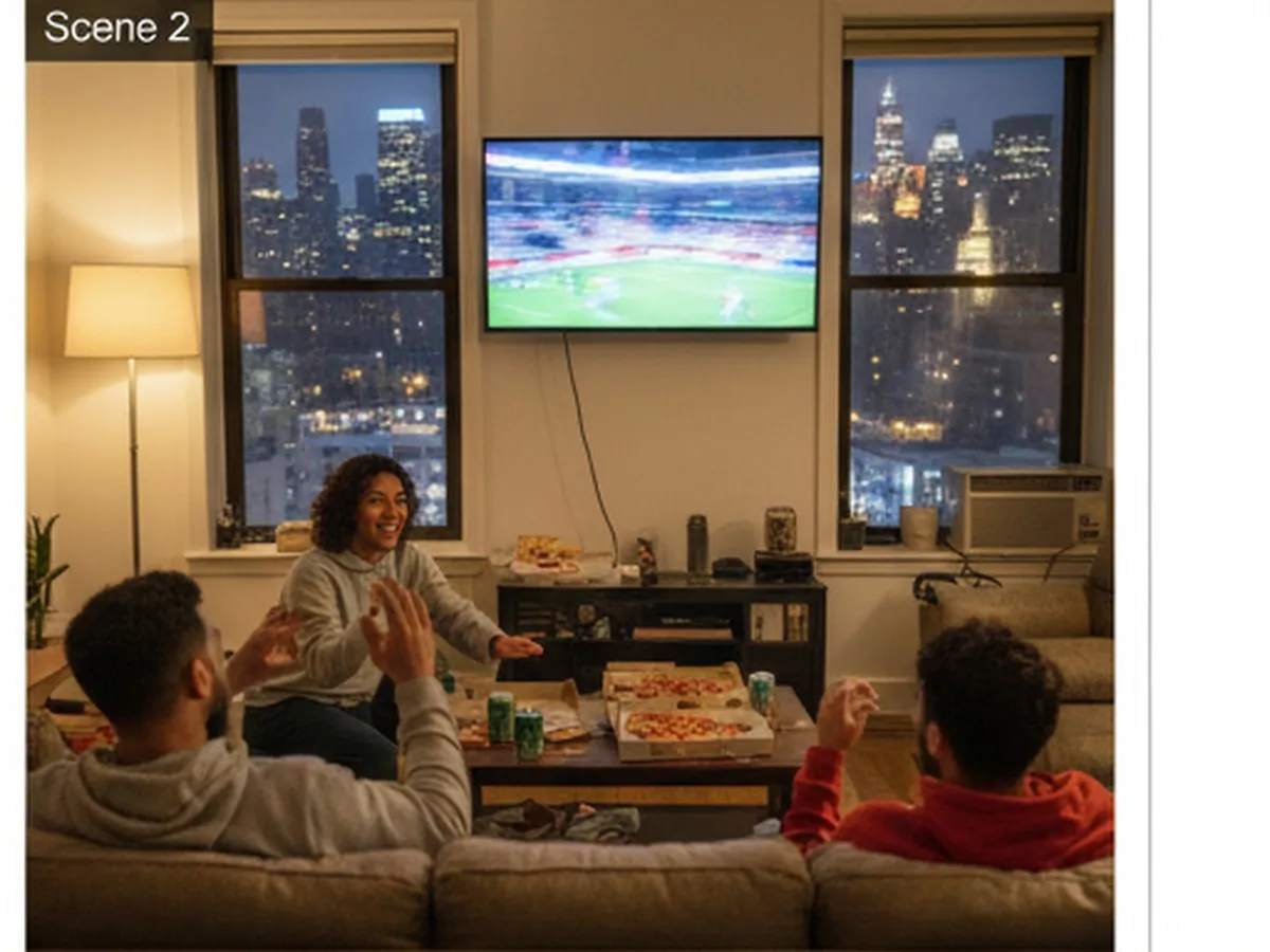 Cozy NYC apartment interior at night with a coffee table covered in takeout pizza boxes, dipping sauces, and soda cans, friends in casual clothes gathered around watching a sports game on a big TV, city lights glowing through the window behind them.