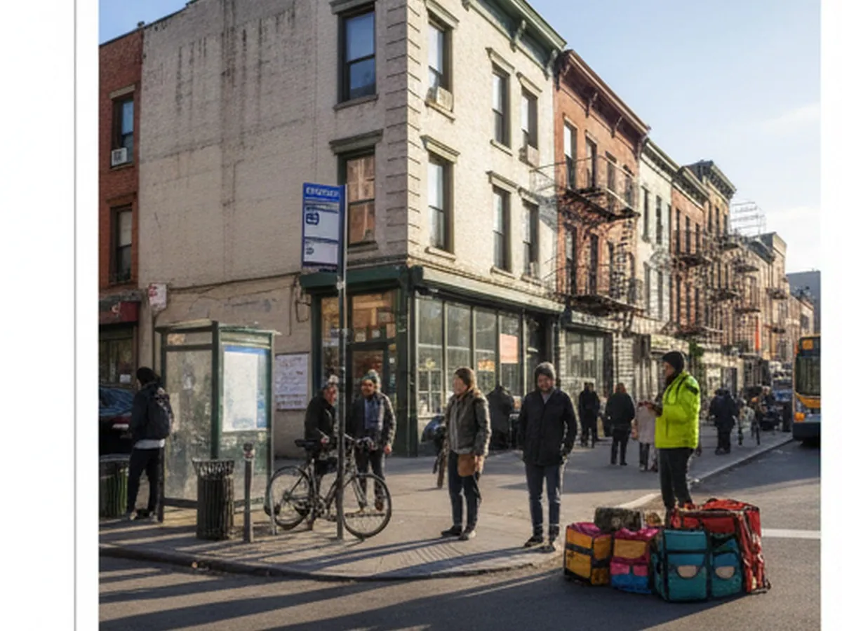 Daytime scene outside a typical NYC mixed-use corner building in Queens, with pedestrians waiting at a bus stop, a cyclist locking their bike, and a food delivery worker checking their phone near a stack of insulated bags, suggesting multiple restaurant options nearby.