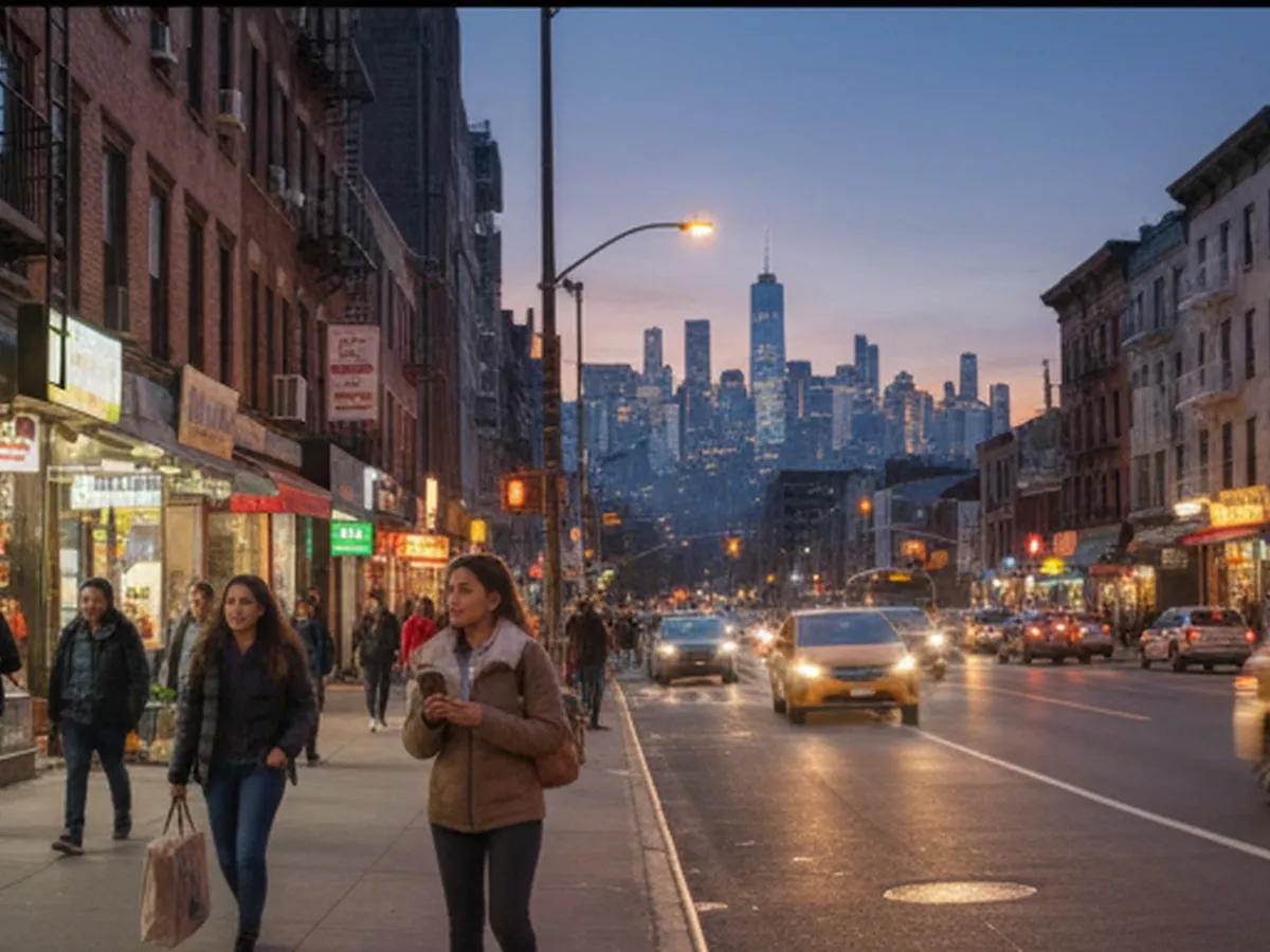 Twilight street-level view of a busy New York City avenue with people walking past bodegas and small shops, yellow cabs in motion, and the distant glow of New Jersey’s skyline across the Hudson, conveying an urban shopper deciding whether to travel out of the city for big-box deals.