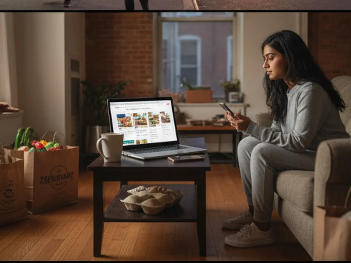 Interior view of a compact Brooklyn apartment with shopping bags on the floor, a laptop open to a retail website, and a smartphone showing a transit app, illustrating a young adult comparing Walmart trip times against delivery and local store options.