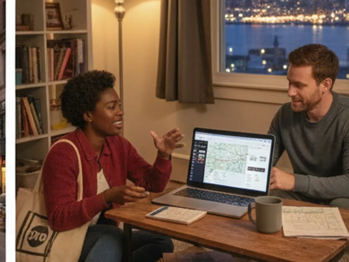 Cozy interior of a New York apartment at night with two people in their late 20s planning a suburban dinner outing, laptop open to a restaurant location page, transit maps spread beside a small coffee table, and the city glowing through a window in the background.