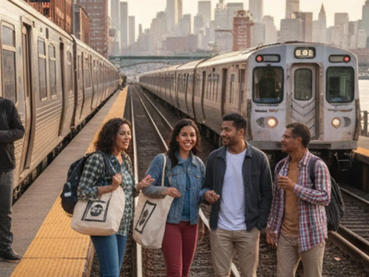 Weekend afternoon scene at a busy commuter rail platform in New Jersey with a mixed group of friends in their 30s holding day bags, chatting and laughing, trains visible on parallel tracks, and a subtle view of the Manhattan skyline far across the river.