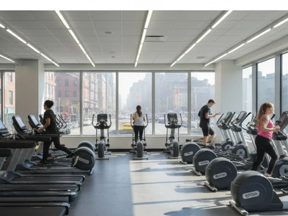 Daytime interior of a modern budget-friendly gym in New York with rows of cardio machines facing large windows, diverse young adults working out, and hints of an urban streetscape outside, lit by natural light and overhead fluorescents.