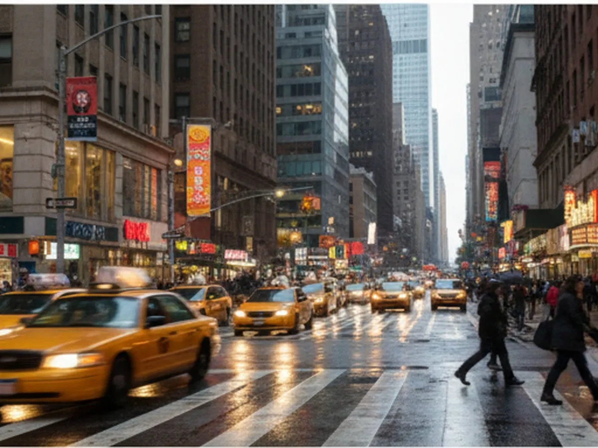 Cover photo: Evening street-level view of a busy Manhattan avenue near Times Square, with streams of yellow taxis, pedestrians crossing under glowing storefront lights, and generic lit fast-food signs in the background; no readable logos, just the vibe of a bustling NYC food corridor.