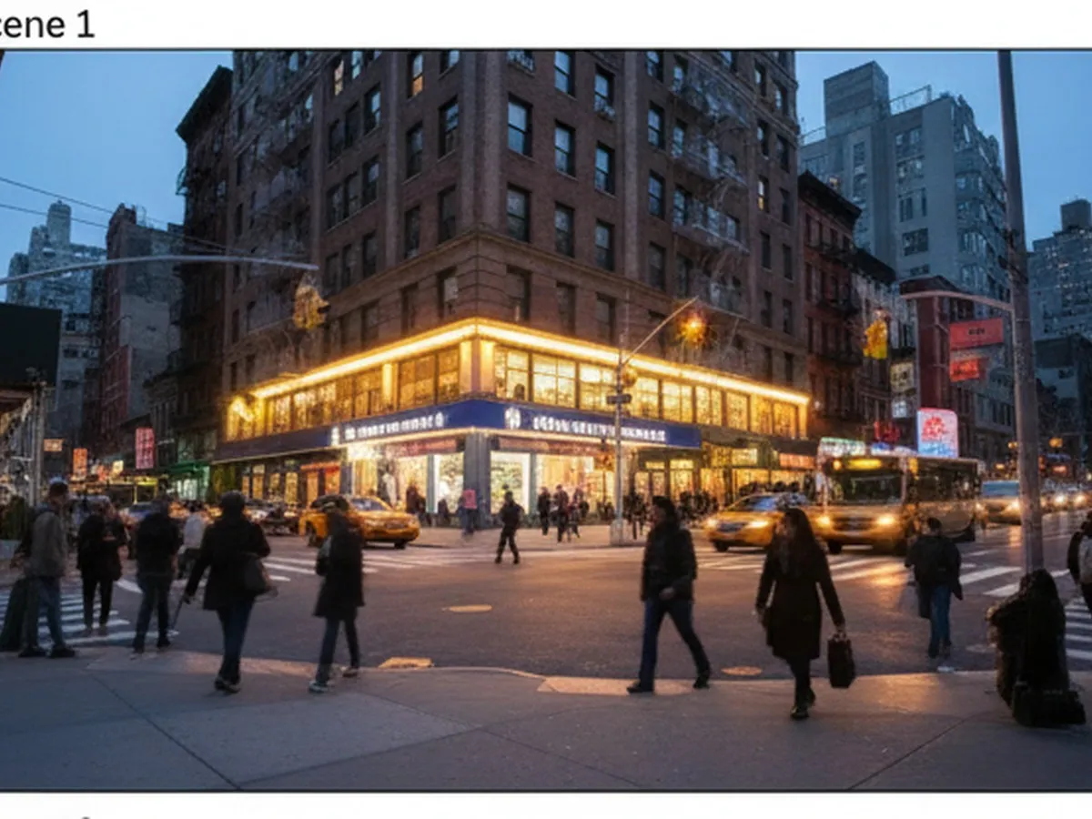 Twilight street-level view of a busy NYC avenue with pedestrians crossing, yellow cabs and an MTA bus passing, and a large multi-story discount retail store entrance glowing under city lights, captured from the opposite corner with a slightly wide angle.