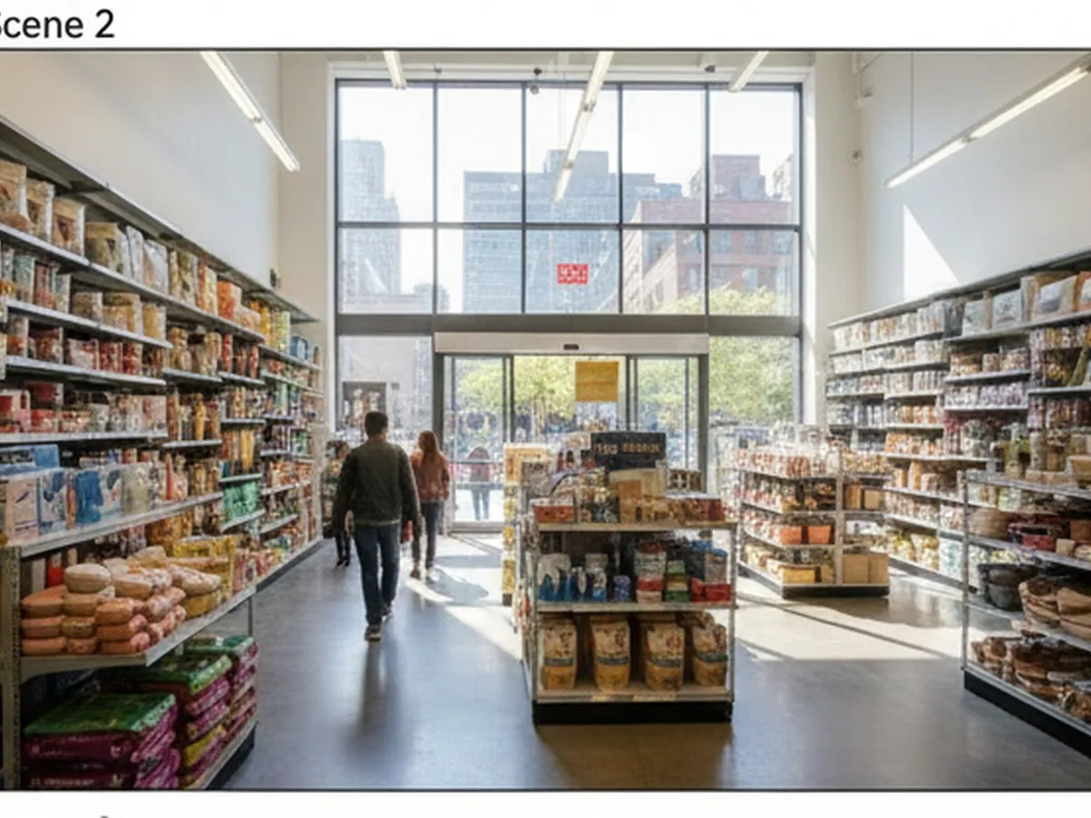 Daytime interior of a modern big-box retail store in NYC, showing diverse shoppers browsing home goods and everyday essentials aisles, with soft sunlight filtering from high windows and glimpses of dense city buildings through the glass doors.