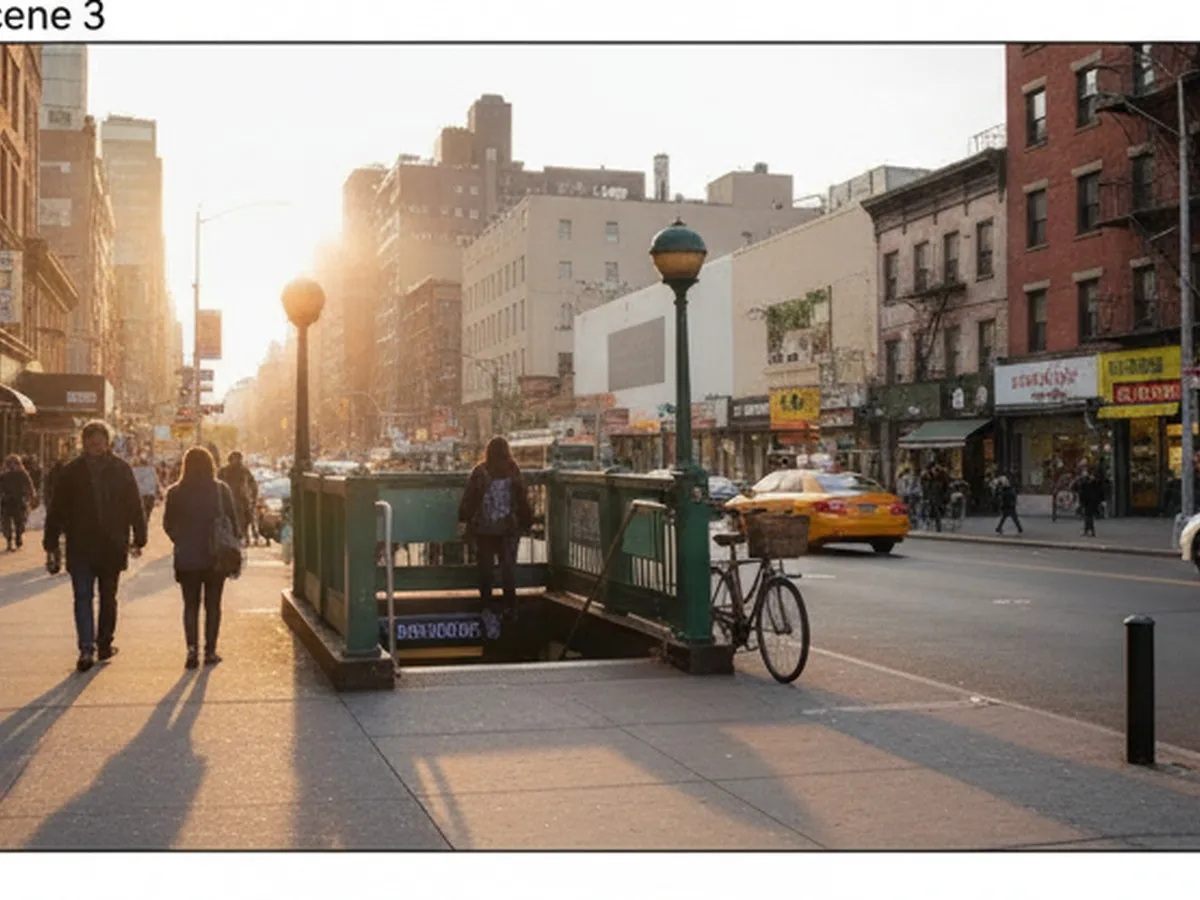 Late-afternoon scene outside an NYC subway entrance near a commercial corridor, with people heading up the stairs, a bike locked to a railing, storefronts lining the block, and a big-box retail store visible a short walk down the sidewalk.