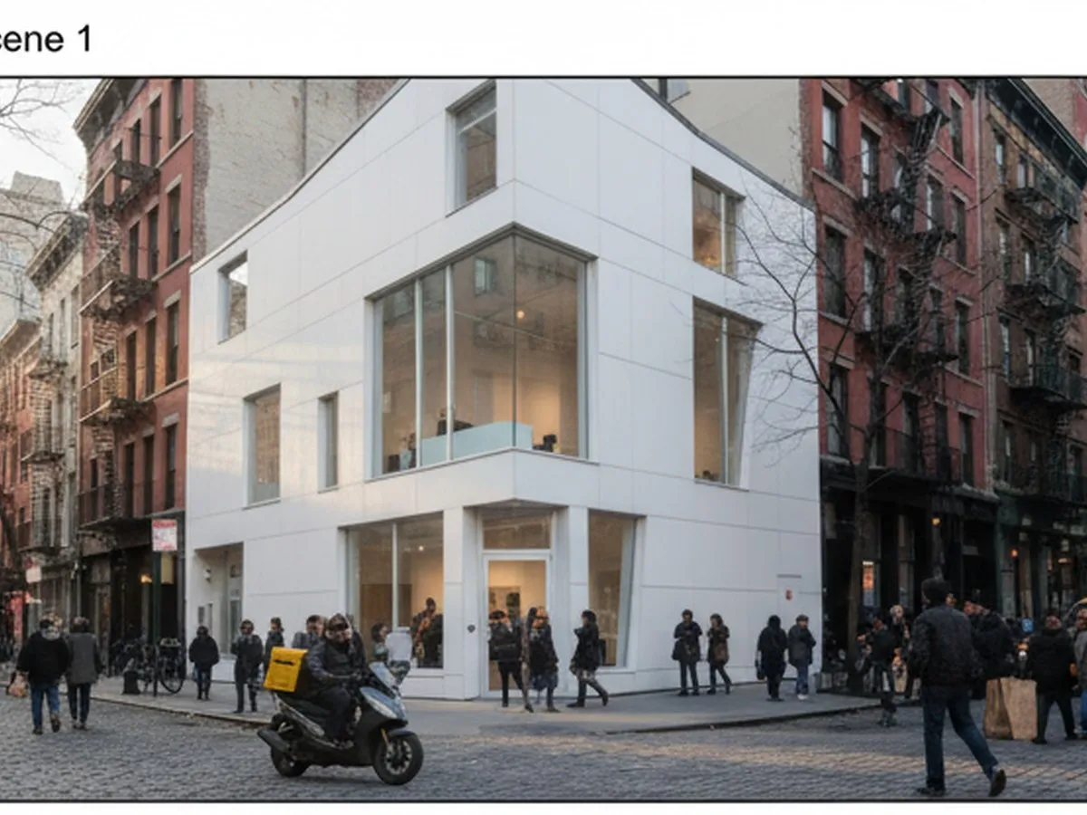 A photorealistic Manhattan street corner at lunch hour with pedestrians, delivery bikes, and a bright fast-food storefront exterior on a busy avenue, shot documentary style in natural daylight.