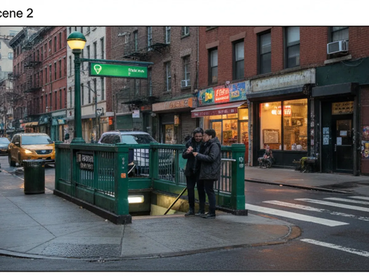A photorealistic late-evening Brooklyn subway entrance near a cluster of quick-service eateries, with a couple checking a phone map outside a corner block, moody city lighting, no visible logos.