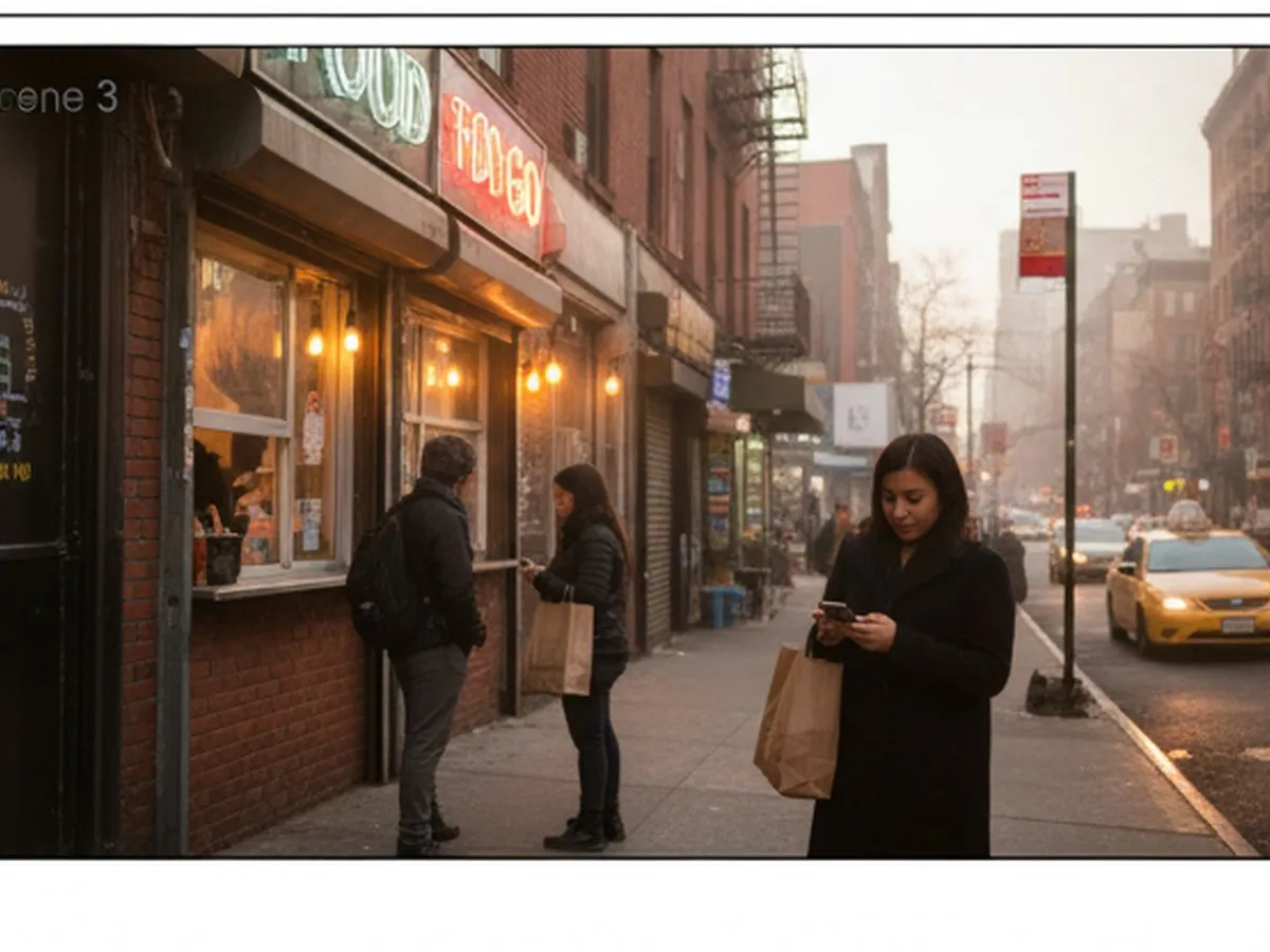 A photorealistic Queens side street with takeout windows, a few customers waiting under warm storefront lights, and a yellow cab passing in the background, candid editorial street photography.