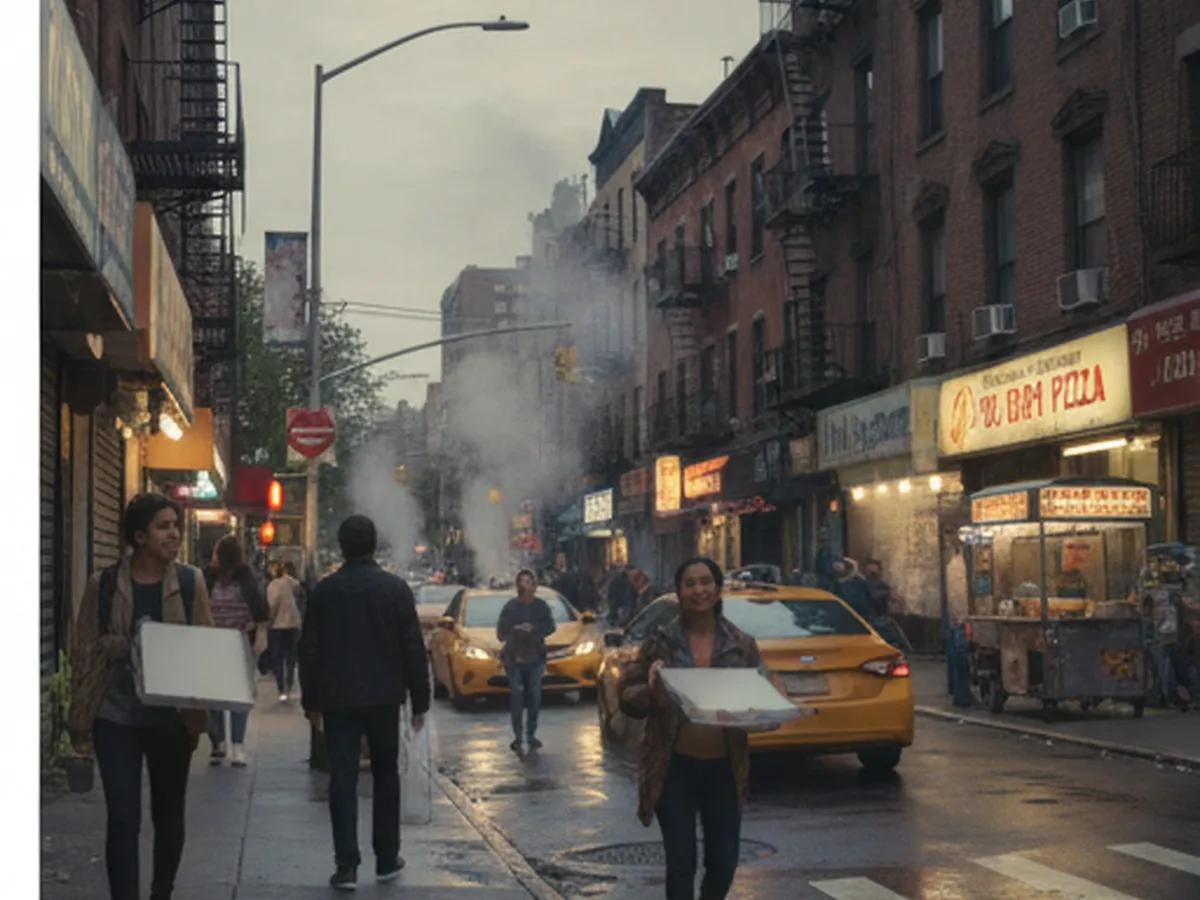 Cover photo of a busy New York City street at dusk with mixed storefronts, people walking with pizza boxes, yellow cabs passing, and a subway entrance nearby; warm shop lighting and steam from a street vent create an inviting, urban food-hunt vibe.