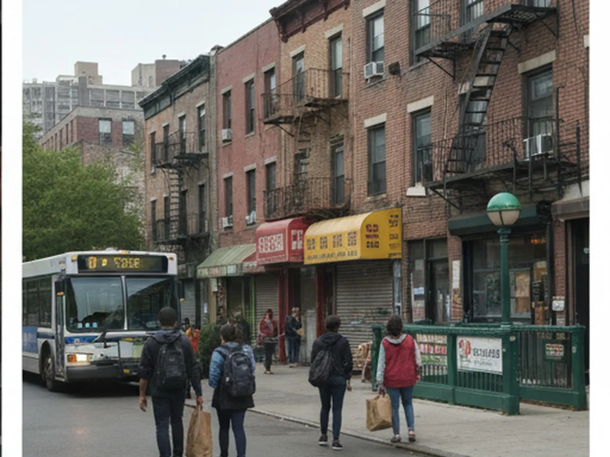 Daytime street-level shot in a residential outer-borough neighborhood, showing a small strip of casual eateries, a generic takeout pizza shop, and apartment buildings above; a city bus and a few pedestrians suggest a practical, local food stop along a commute.