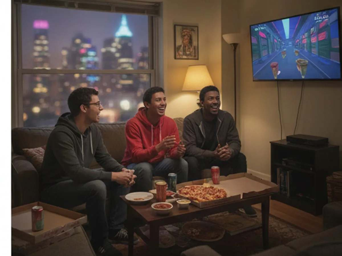 Evening interior of a modest NYC apartment with a coffee table full of open pizza boxes, dipping sauces, and soda, with friends in casual clothes laughing and streaming a game on TV; the city skyline is visible faintly through the window in the background.
