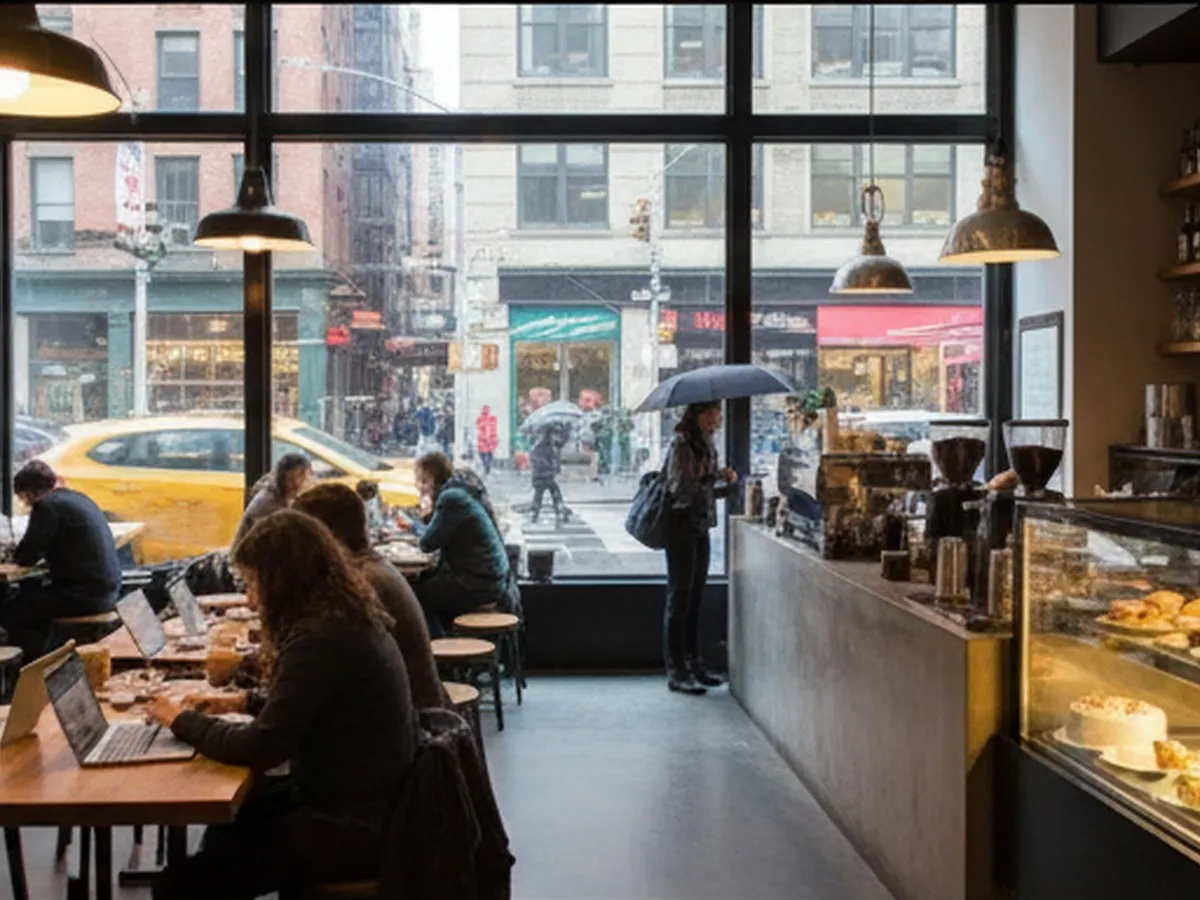 Cozy indoor café scene in a New York City coffee shop on a rainy afternoon, with people working on laptops at communal wooden tables, baristas at a modern espresso bar, streetlights and umbrellas visible through large front windows, and warm ambient lighting highlighting pastries in a display case.