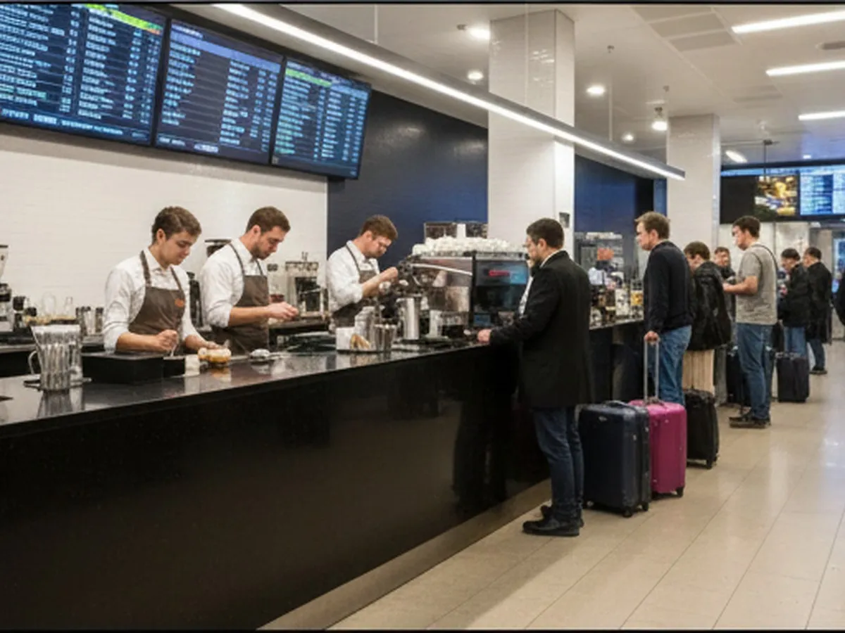 Evening view inside a busy transit-hub coffee shop in NYC, showing travelers with rolling suitcases, departure boards blurred in the background, a sleek counter with baristas preparing drinks, and commuters queuing along a polished tile floor under bright, modern lighting.