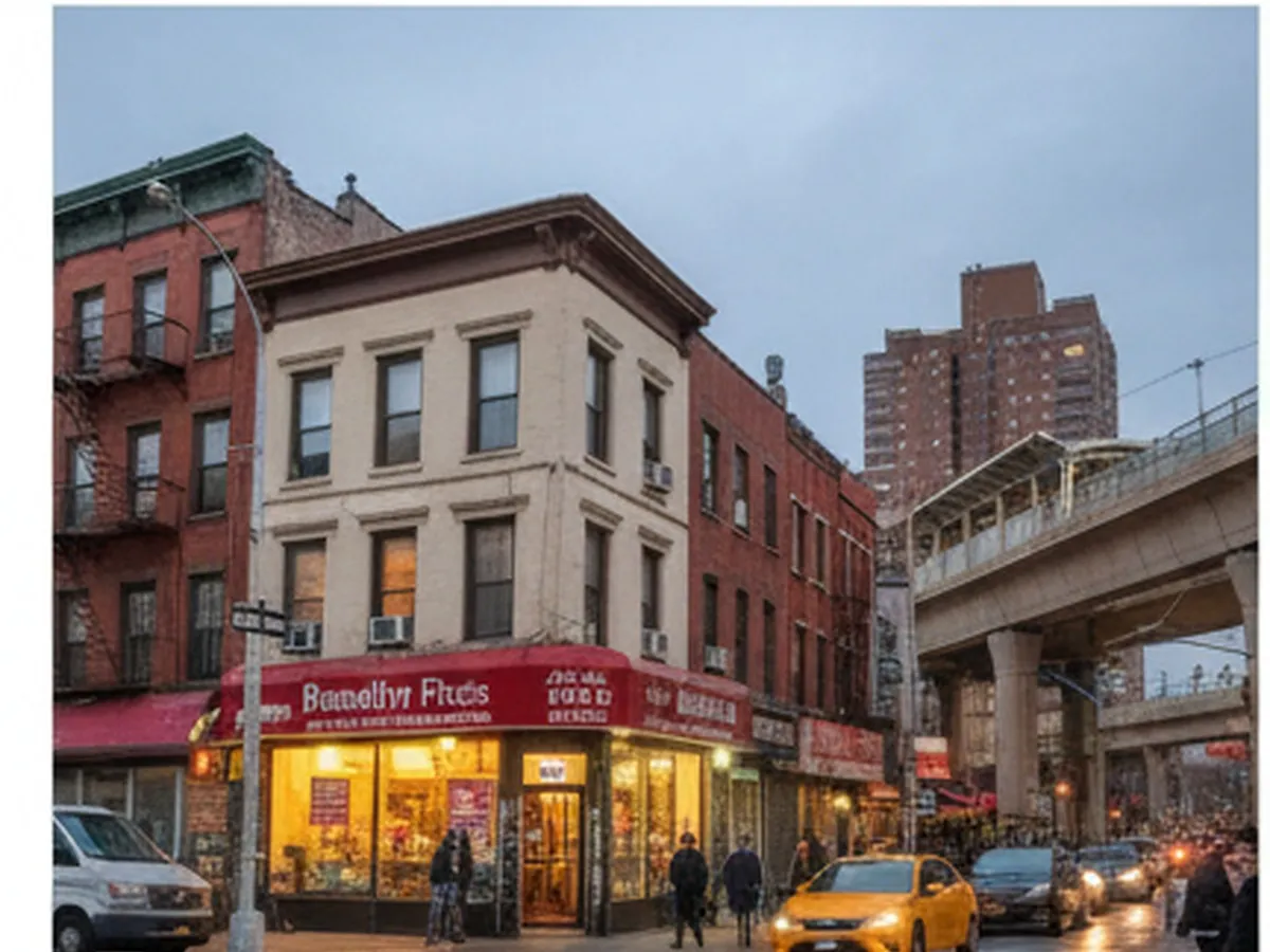 Twilight street-level view of a busy New York City avenue in Brooklyn, yellow cabs and rideshare cars passing mid-rise apartment buildings, with a generic, well-lit pizza storefront on the corner, people in casual clothes carrying takeout boxes, and elevated subway tracks fading into the background.