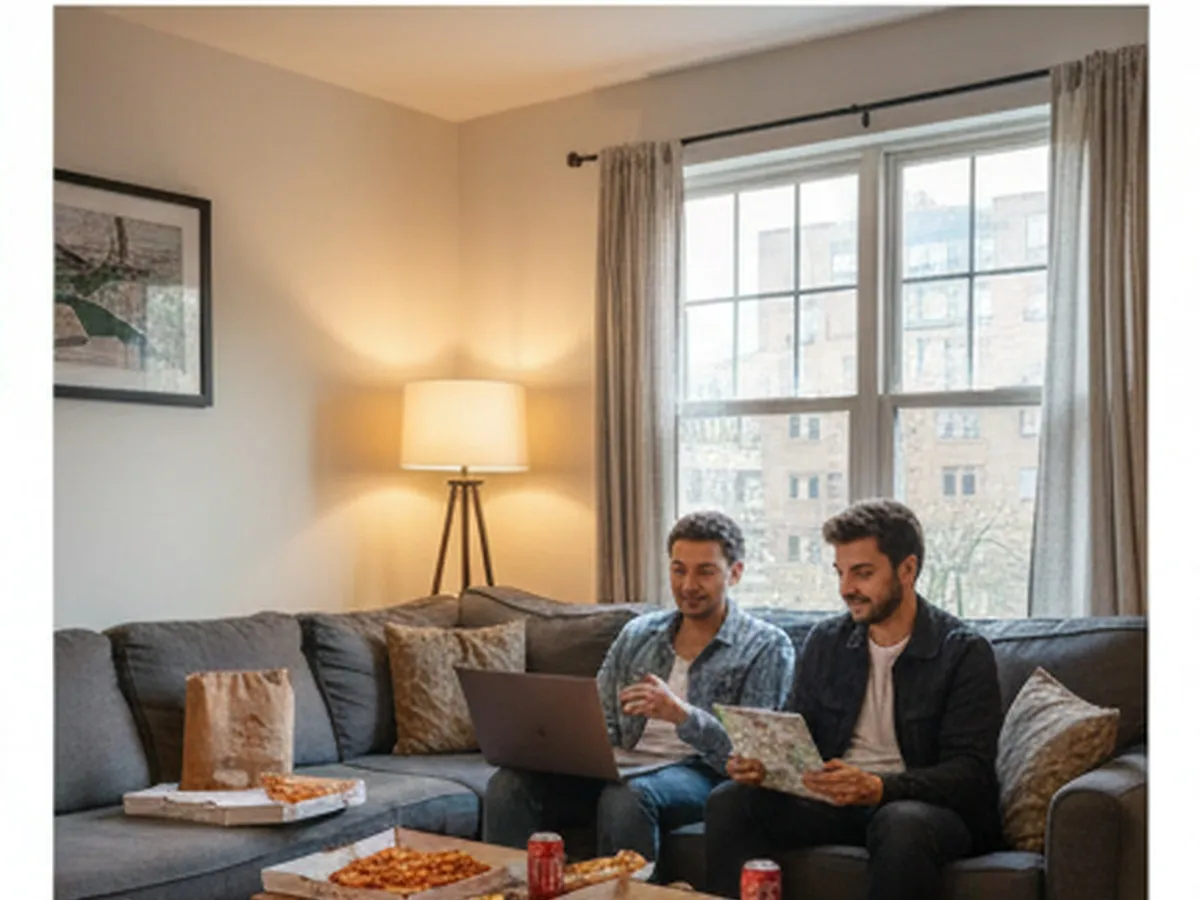 Interior of a typical NYC apartment living room at night, soft lamplight, a coffee table with open pizza boxes and wings, friends in their 20s and 30s lounging on a couch, one person ordering delivery on a laptop, another checking a phone map showing neighborhood streets.