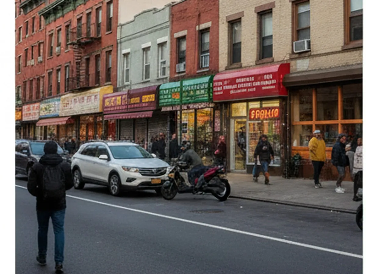 Daytime scene outside a Queens shopping strip, pedestrians walking past a mix of local restaurants and chain storefronts, a generic pizza shop entrance with delivery scooters parked nearby, and a city bus pulling up to the curb under a partly cloudy sky.