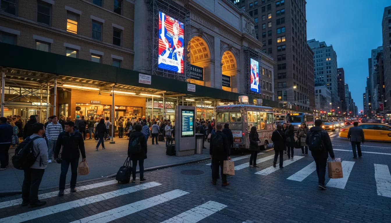 Rangers vs Angels: Dining Near NYC Transit Hubs Before the Game — photorealistic New York City editorial scene