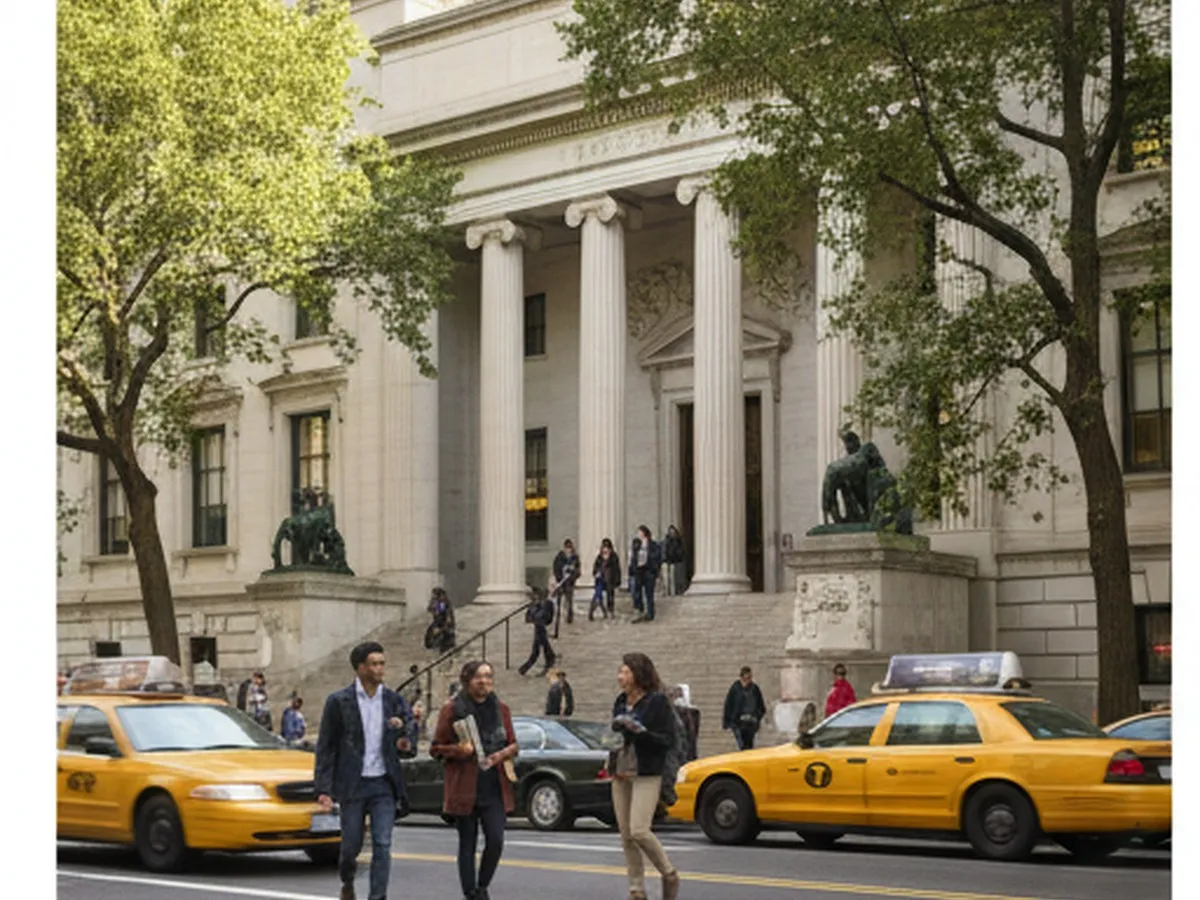 Photorealistic editorial street scene outside a grand Upper West Side museum-and-campus-style institution on a bright weekday afternoon, with stone steps, trees, students and visitors entering, yellow cabs passing on the avenue, and no visible logos or readable signs.