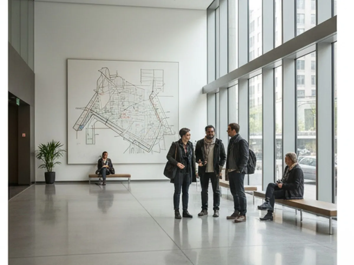 Photorealistic interior scene in a modern New York cultural institution lobby with polished floors, natural light, a small group consulting a wall map, coats in hand, and a calm weekday atmosphere, with no readable text or branded signage.