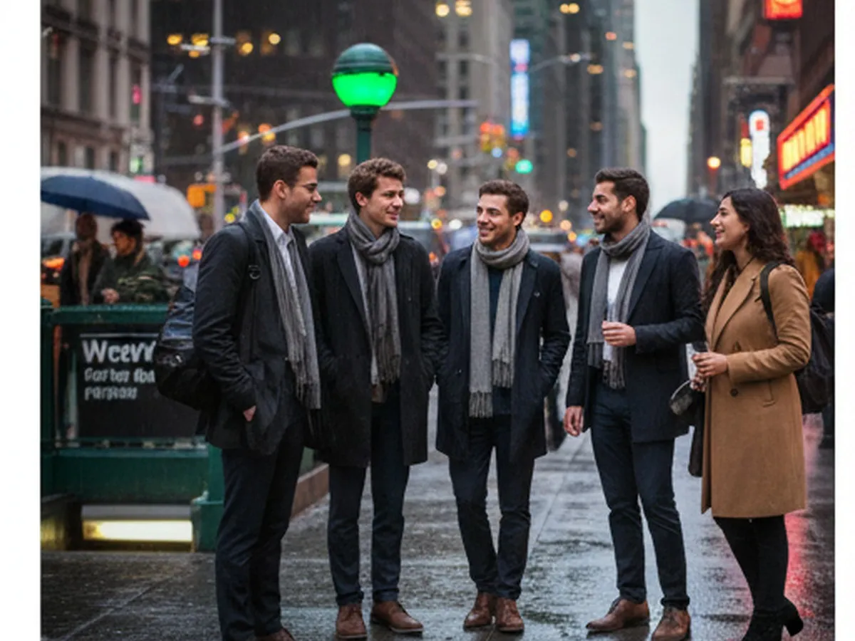 Photorealistic evening NYC scene of friends leaving a performance or lecture venue near a subway entrance, city lights reflecting on wet pavement after light rain, with diverse adults in smart-casual clothing and no logos or celebrity likeness.