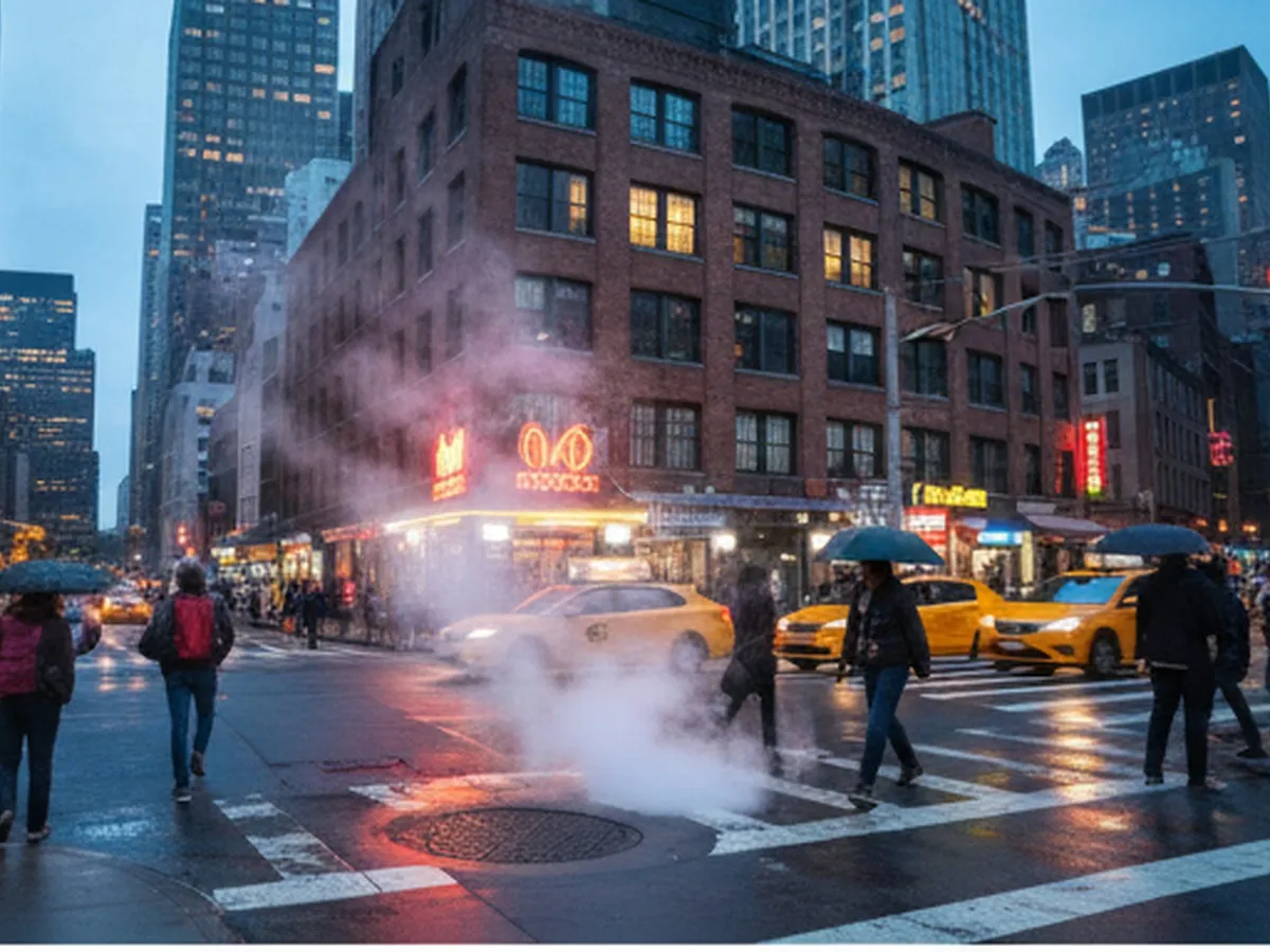 Cover: Early evening street scene in Midtown Manhattan outside a busy fast‑food corner, with pedestrians crossing, yellow cabs passing, and soft neon glow from generic restaurant windows, shot at eye level with steam rising from a subway grate and skyscrapers fading into a blue sky.