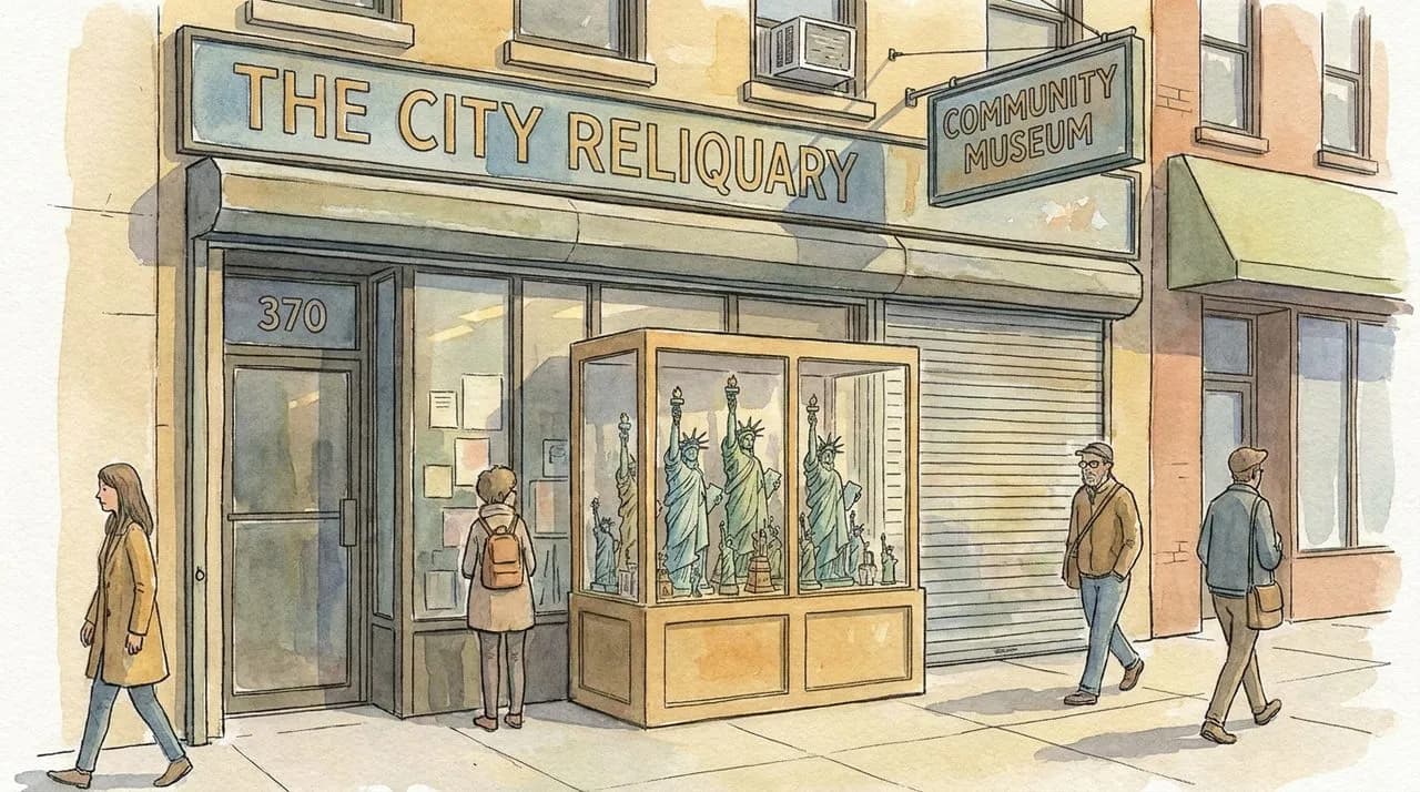 Hero — exterior of The City Reliquary at 370 Metropolitan Avenue, Williamsburg, with hand-painted signage and a sidewalk vitrine of Statue of Liberty replicas