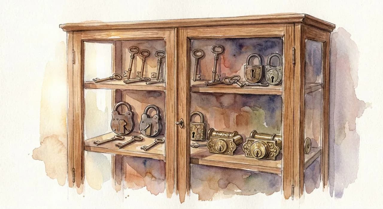 Antique lock cases at the Mossman Lock Collection — Egyptian, Roman, and 19th-century mechanisms displayed in oak cabinets