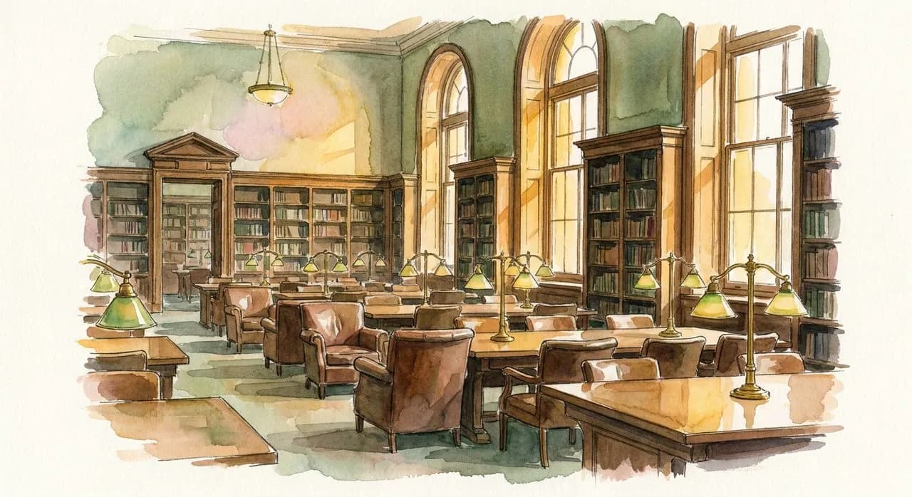 The reading room of the General Society Library on West 44th Street — oak shelves, green lampshades, the second floor