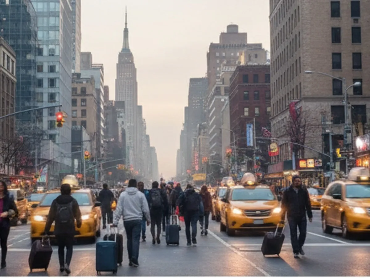A photorealistic wide-angle street-level scene in Midtown Manhattan at dusk, with glowing hotel lobbies, taxis, pedestrians with rolling luggage, and the Empire State Building softly visible in the distance, editorial travel style.