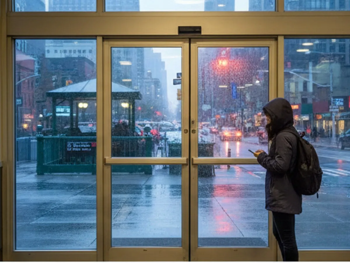 A photorealistic interior-to-exterior hotel entrance view in Downtown Brooklyn on a rainy evening, with a traveler checking a phone, reflected city lights on pavement, and nearby subway signage in the background, no readable text.