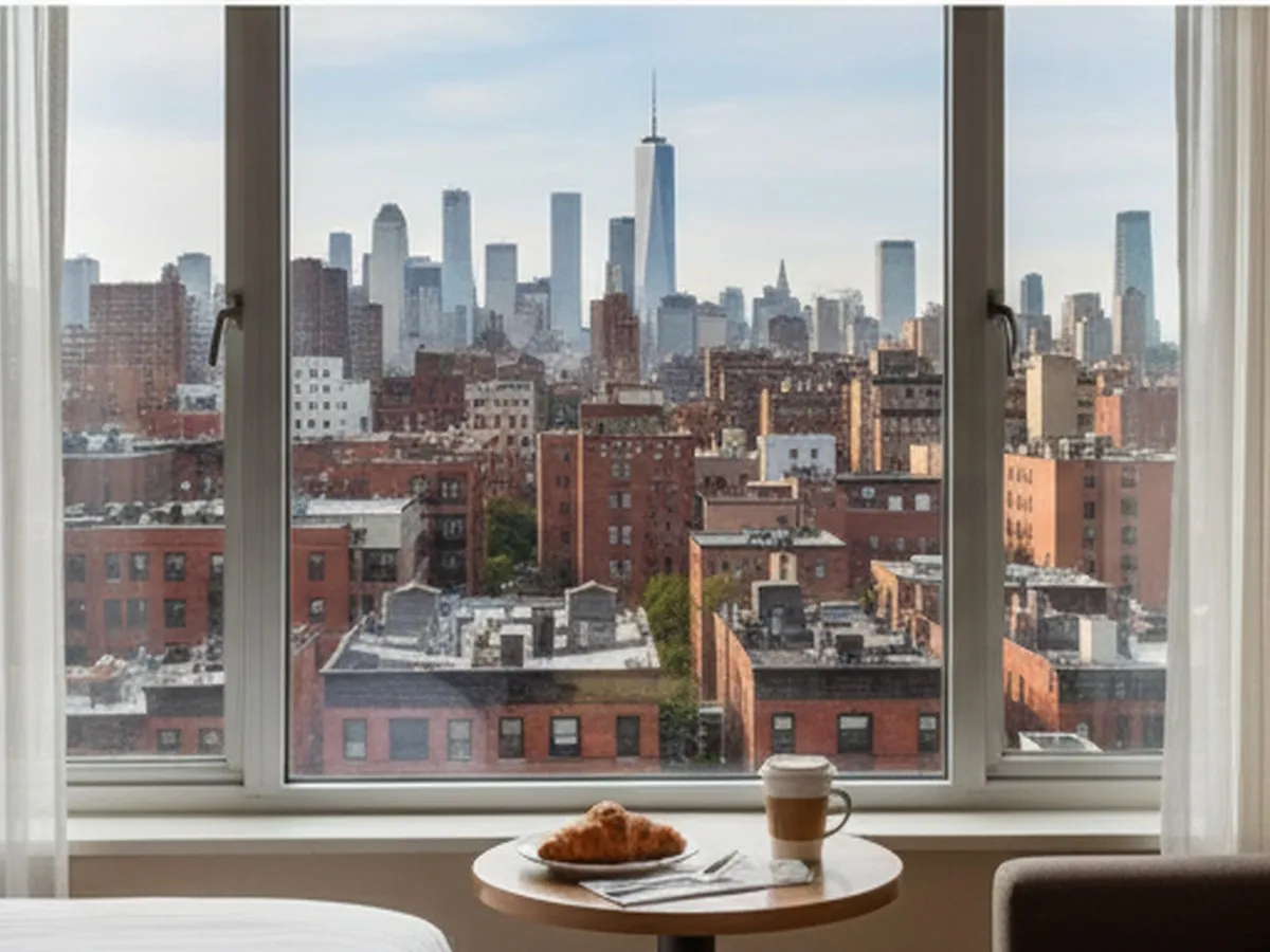 A photorealistic morning skyline scene from a modest Queens hotel room window, showing layered apartment buildings, a distant Manhattan skyline, breakfast on a small table, and soft natural light, editorial lifestyle style.