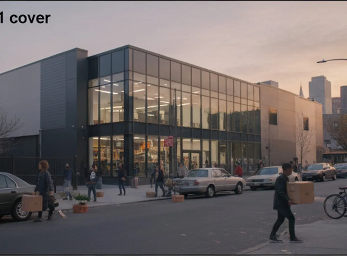 Cover image: Early evening street view in Brooklyn with a large home improvement warehouse in the background, city residents carrying small boxes and plants, and a mix of parked cars and bicycles, under soft, natural lighting.