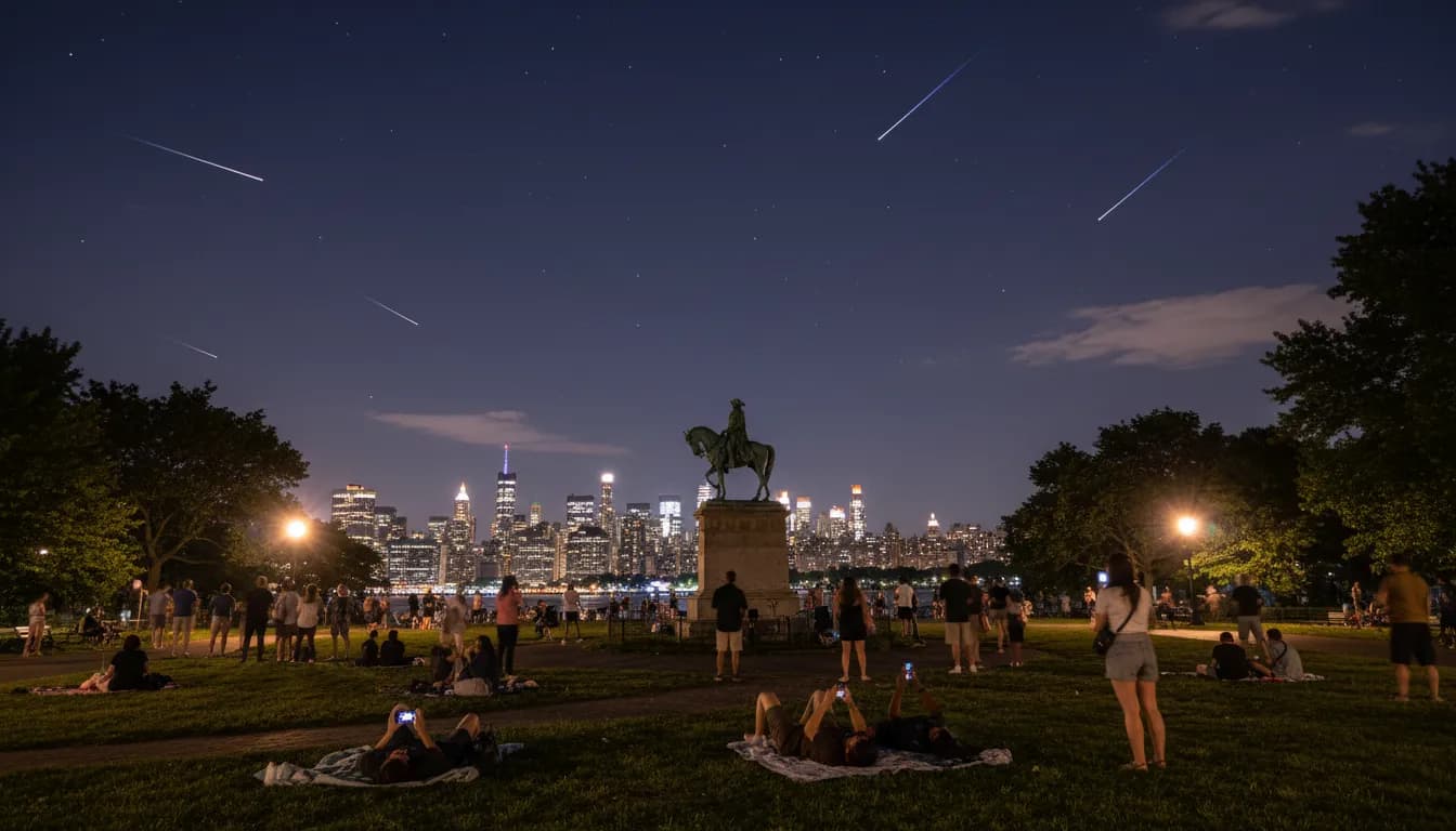 New York City's Best Free Spots to Watch a Meteor Shower — photorealistic New York City editorial scene