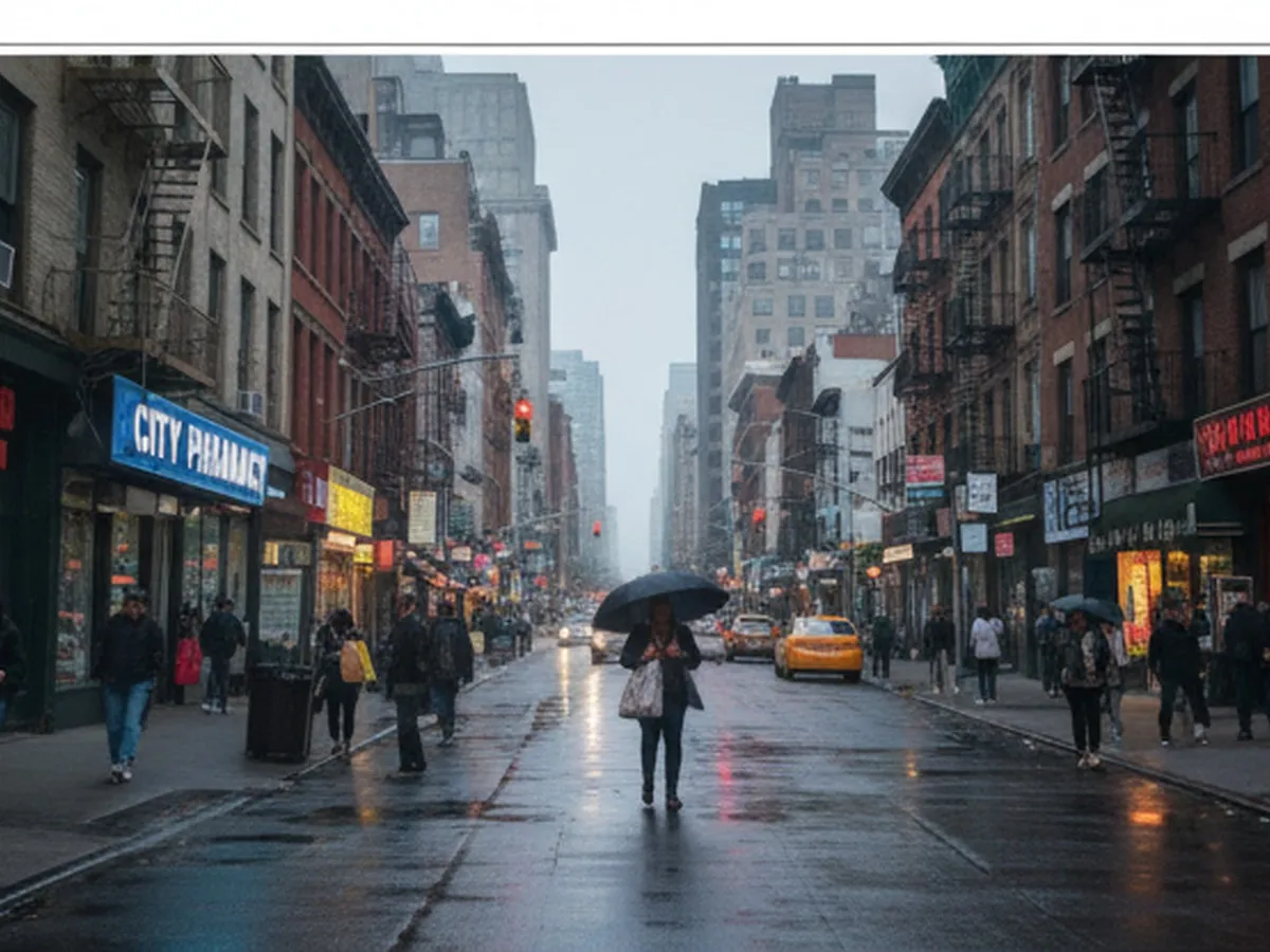 Twilight street‑level view of a busy New York City avenue with mixed mid‑rise buildings, pedestrians passing under glowing storefronts, traffic lights reflected on wet pavement, and a generic modern pharmacy sign illuminated among other shops, conveying the feel of a neighborhood drugstore on an NYC block.